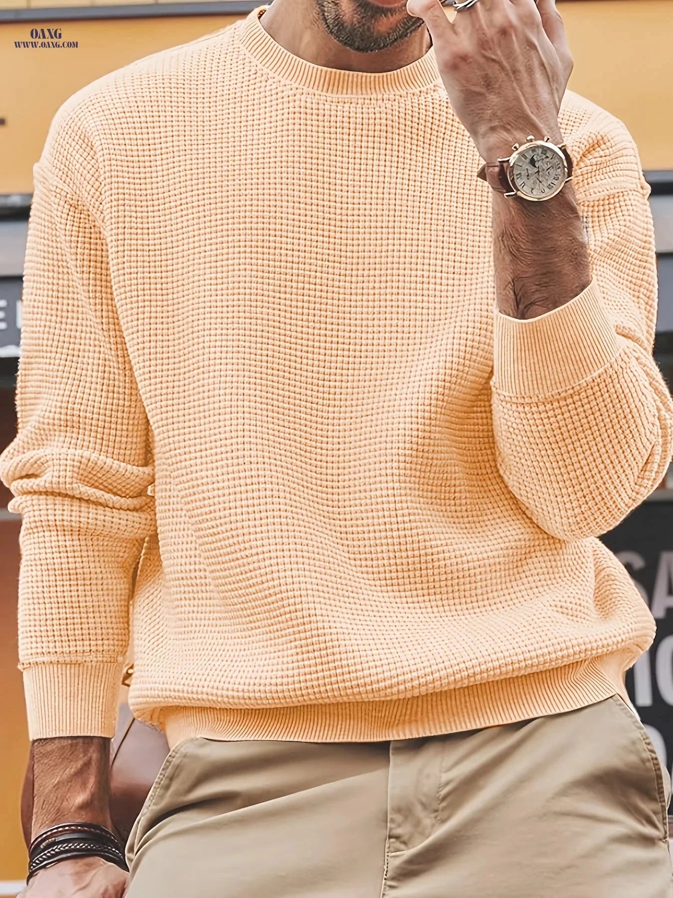 Men’s Round Neck Pullover Sweater - Knit, Long Sleeve, Solid Color   OAXG 
