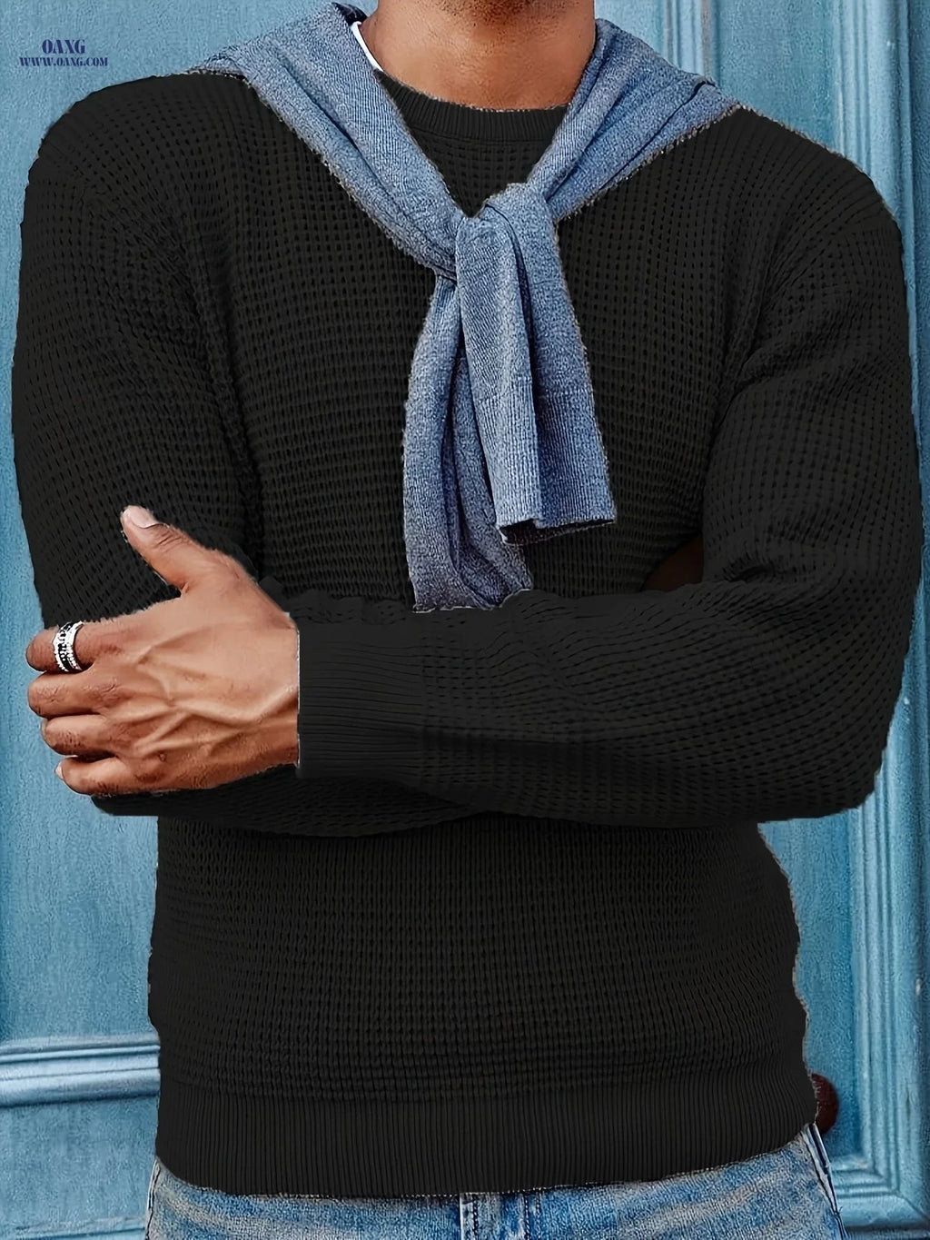 Men’s Round Neck Pullover Sweater - Knit, Long Sleeve, Solid Color   OAXG Apricot / FR S