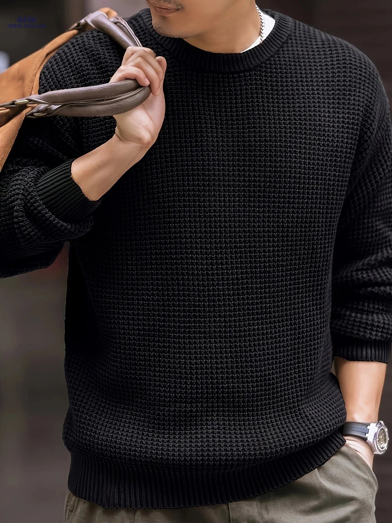 Men’s Round Neck Pullover Sweater - Knit, Long Sleeve, Solid Color   OAXG Apricot / FR S
