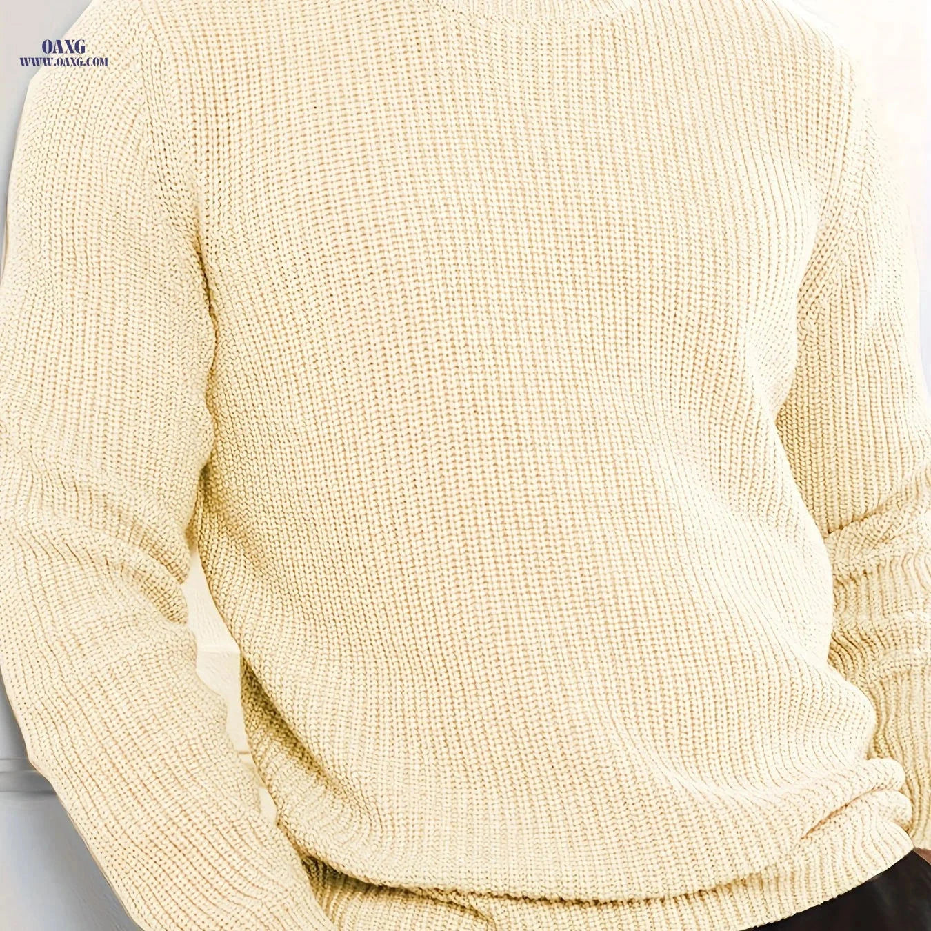 Men’s Round Neck Pullover Sweater - Knit, Long Sleeve, Solid Color   OAXG Apricot / FR S