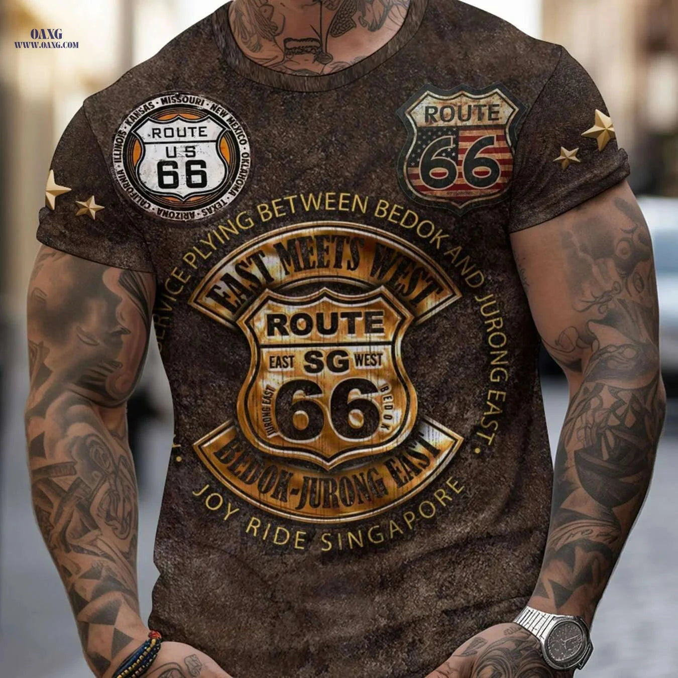 Men's Route 66 3D Vintage T-Shirt - Casual Short Sleeve Tee   OAXG Mix / S