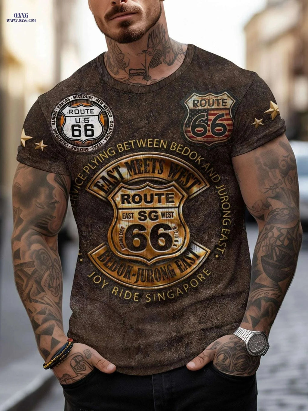 Men's Route 66 3D Vintage T-Shirt - Casual Short Sleeve Tee   OAXG Mix / S
