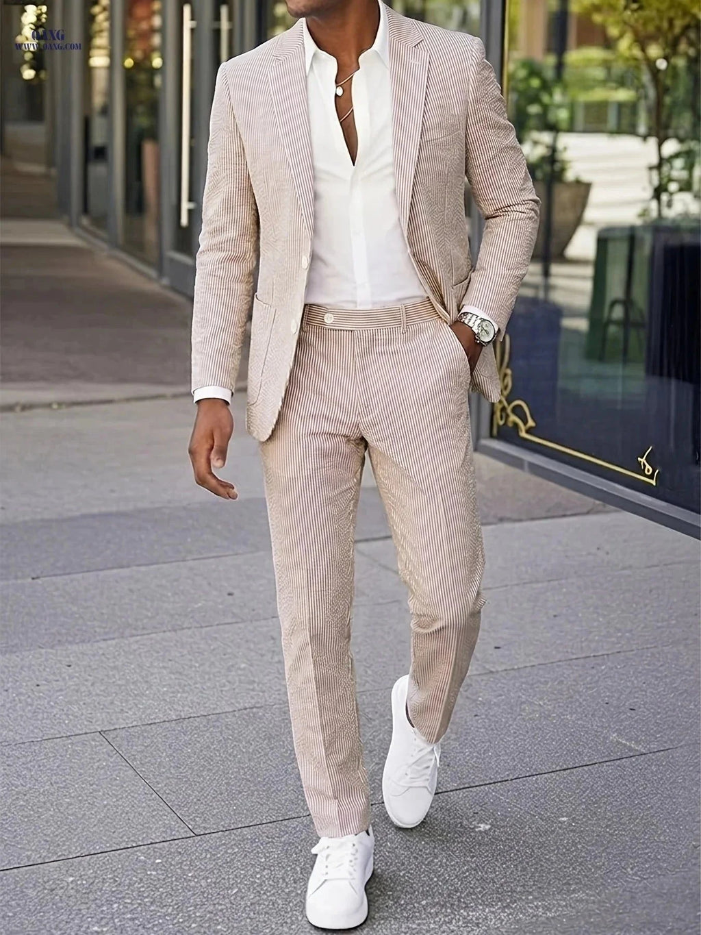 Men's Seersucker Suit Set - Casual Elastic Waist Trousers, Slim Fit   OAXG Khaki / FR XS