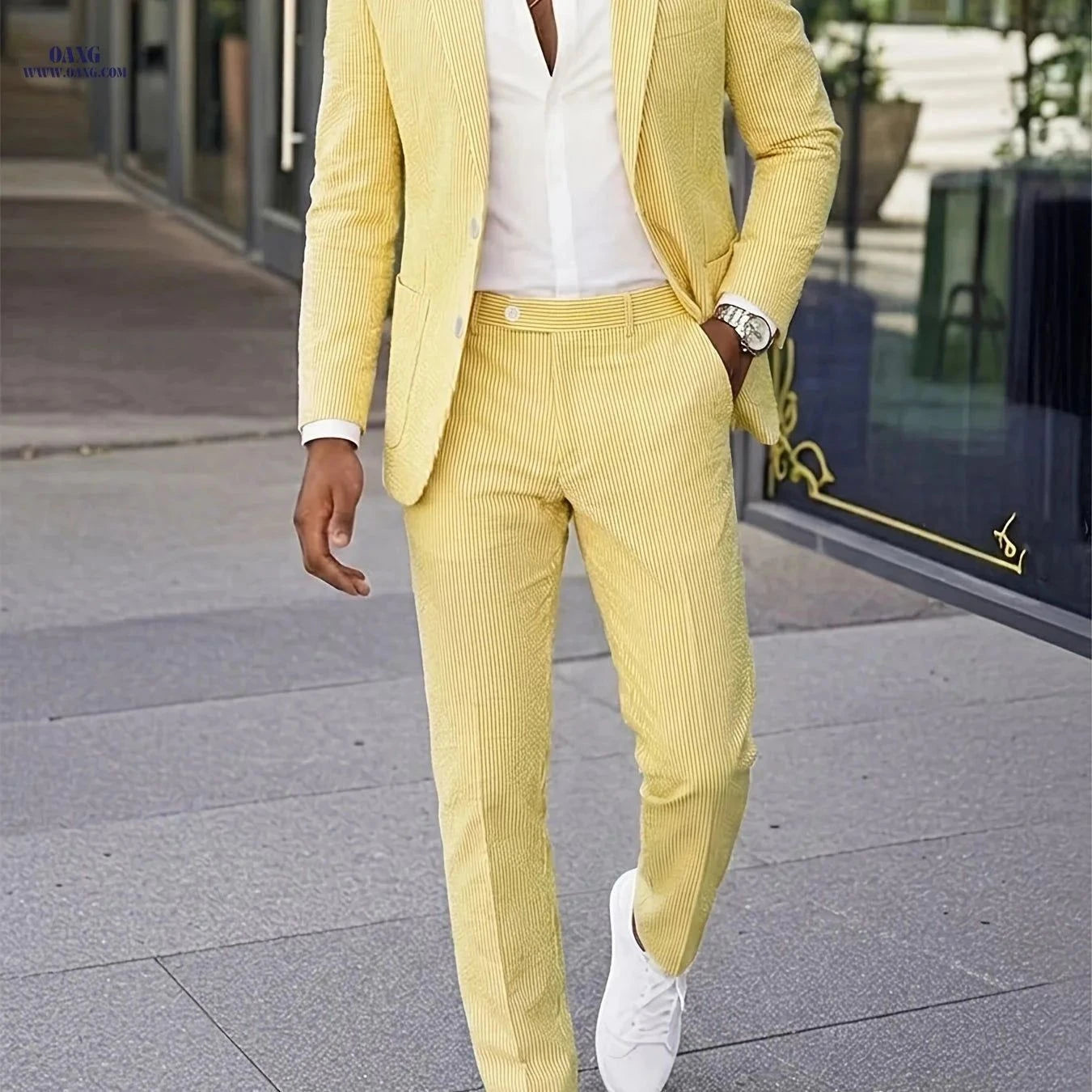 Men's Seersucker Suit Set - Casual Elastic Waist Trousers, Slim Fit   OAXG Khaki / FR XS