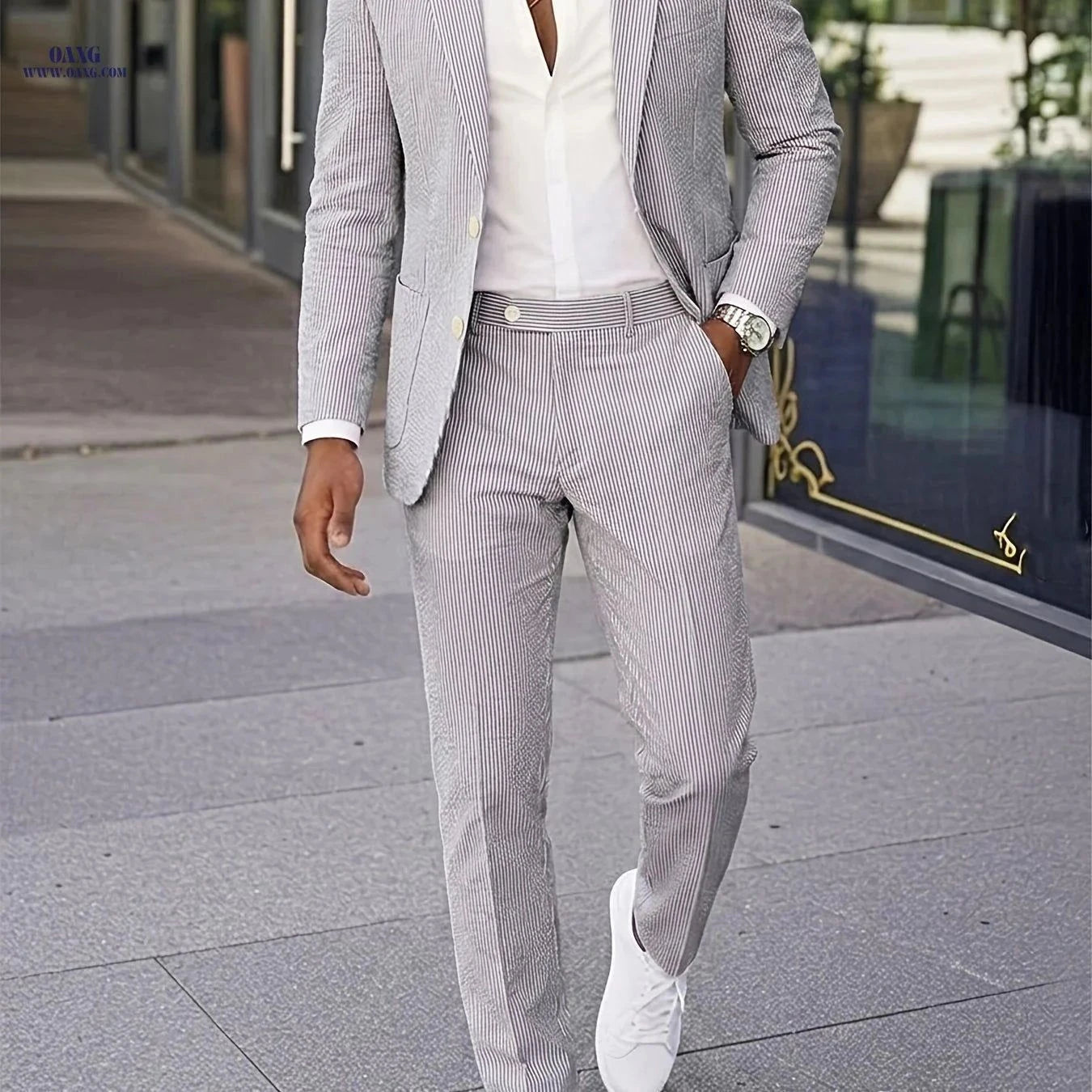 Men's Seersucker Suit Set - Casual Elastic Waist Trousers, Slim Fit   OAXG Khaki / FR XS
