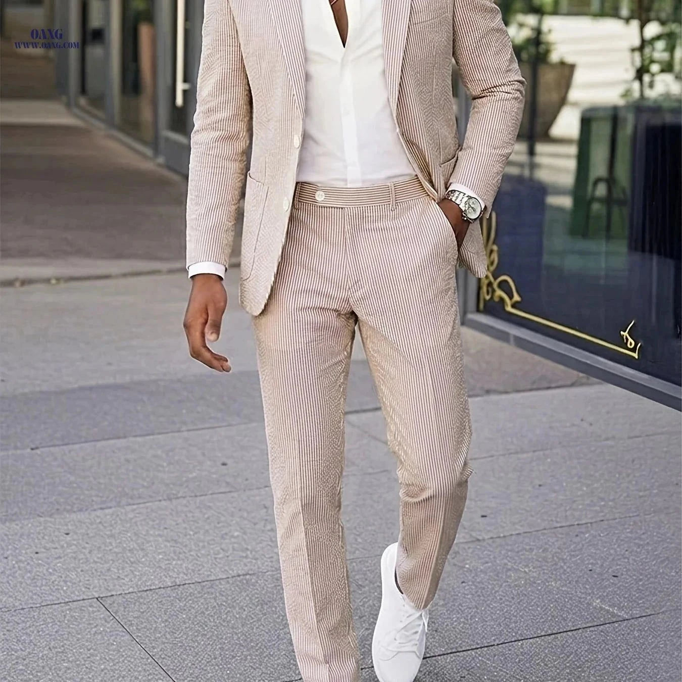 Men's Seersucker Suit Set - Casual Elastic Waist Trousers, Slim Fit   OAXG Khaki / FR XS