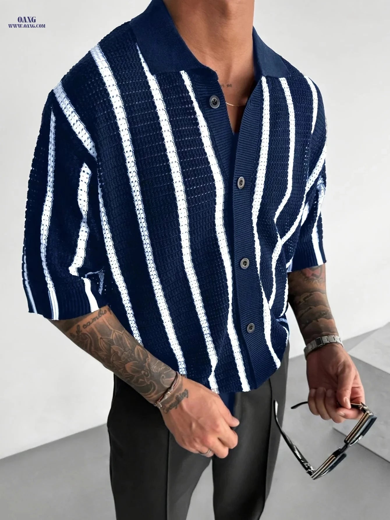 Men's Semi-Sheer Knit Pullover - Casual Striped Summer Style   OAXG 