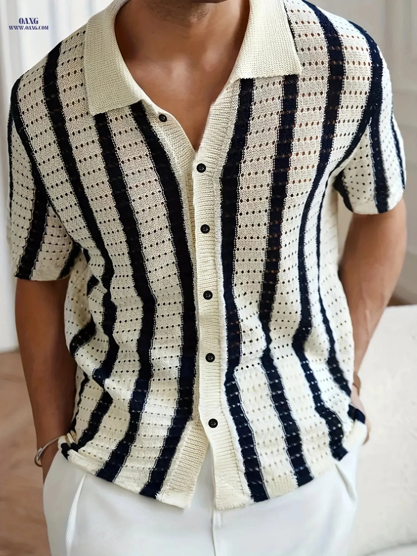 Men's Semi-Sheer Knit Pullover - Casual Striped Summer Style   OAXG Blue / FR S