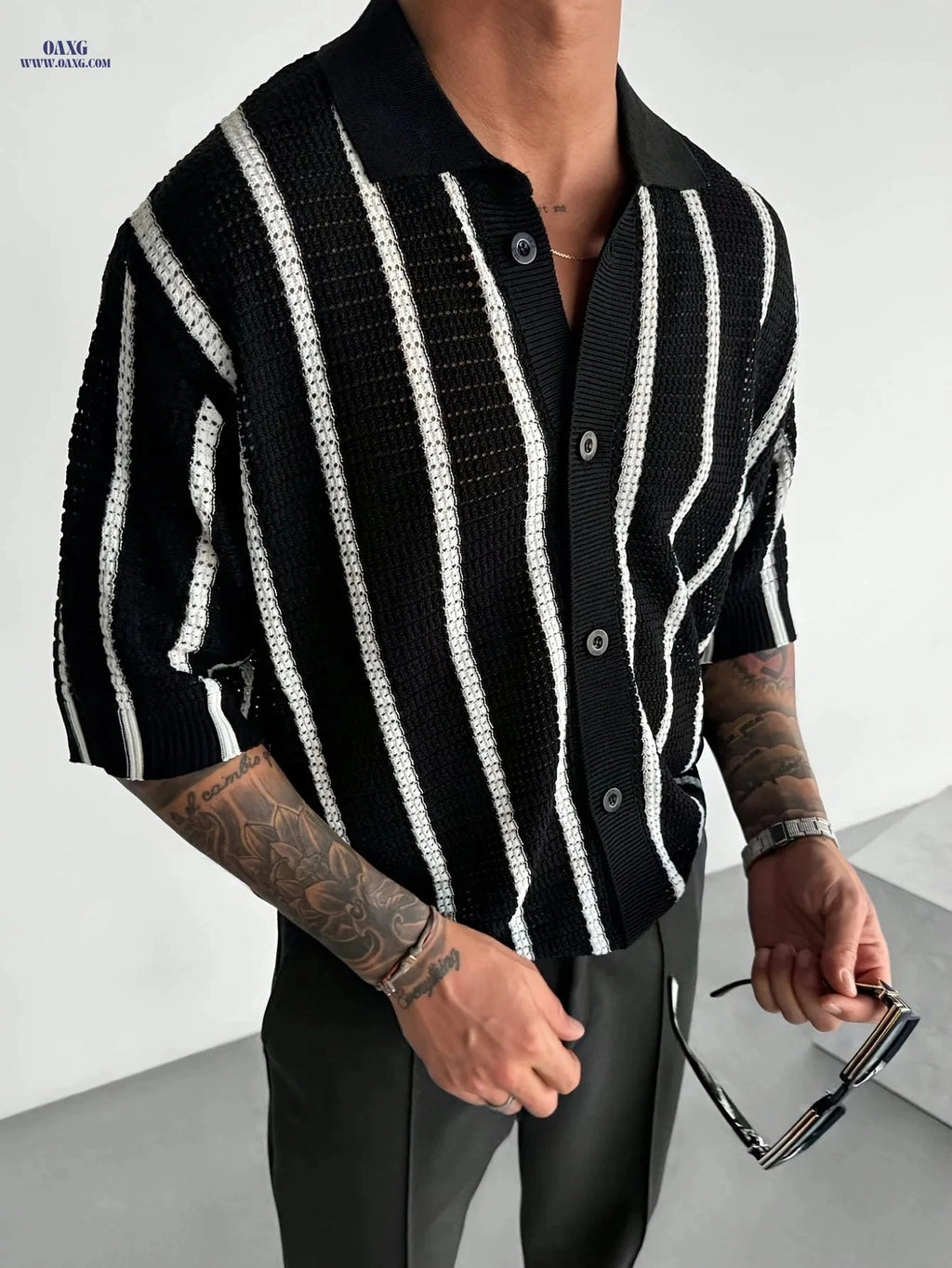 Men's Semi-Sheer Knit Pullover - Casual Striped Summer Style   OAXG Blue / FR S