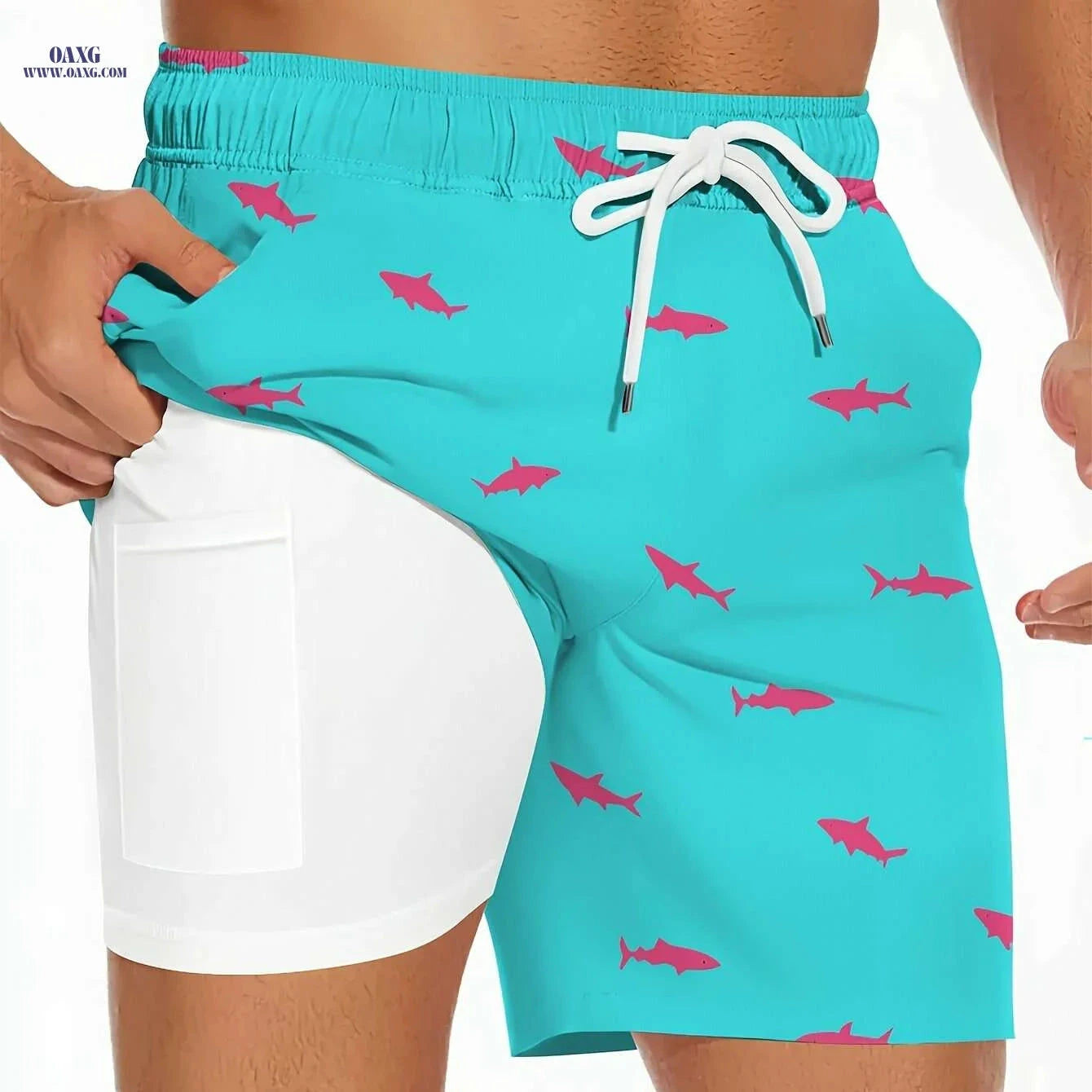 Men's Shark Pattern Board Shorts - 2 in 1 with Pockets for Summer   OAXG 