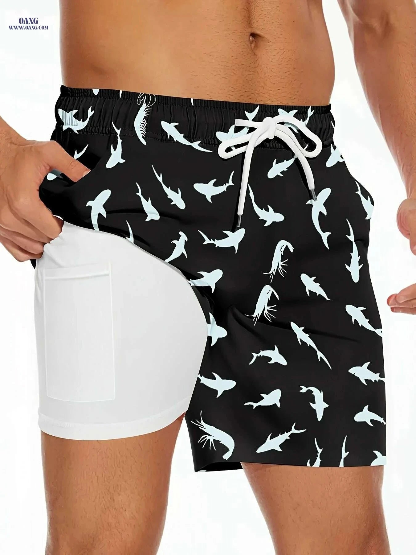 Men's Shark Pattern Board Shorts - 2 in 1 with Pockets for Summer   OAXG 