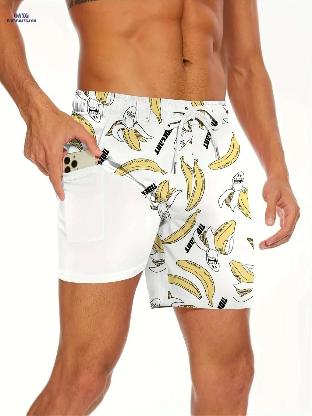 Men's Shark Pattern Board Shorts - 2 in 1 with Pockets for Summer   OAXG Black / S