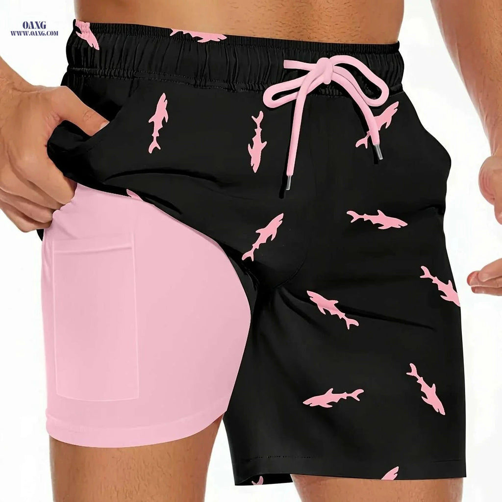 Men's Shark Pattern Board Shorts - 2 in 1 with Pockets for Summer   OAXG Black / S