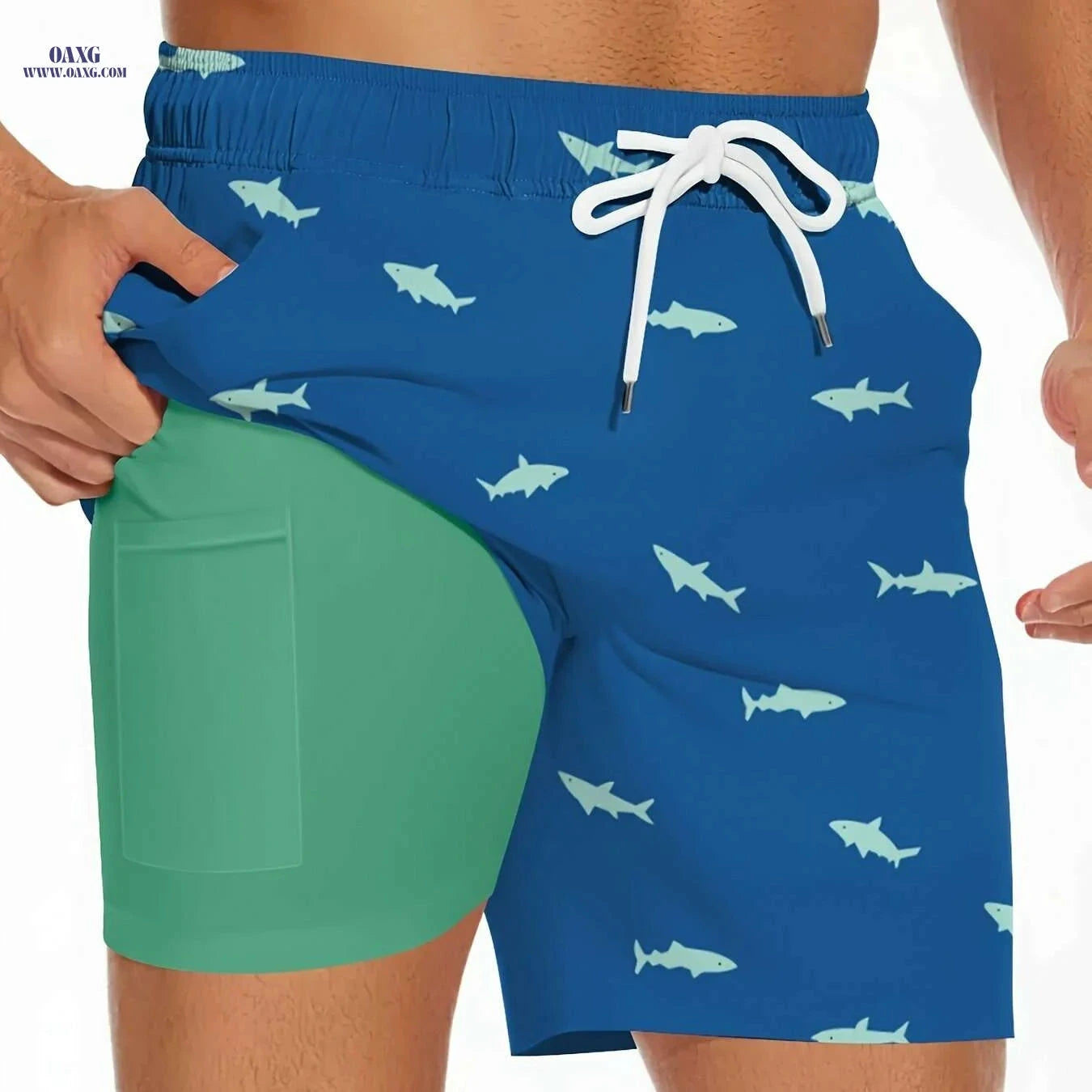 Men's Shark Pattern Board Shorts - 2 in 1 with Pockets for Summer   OAXG Black / S