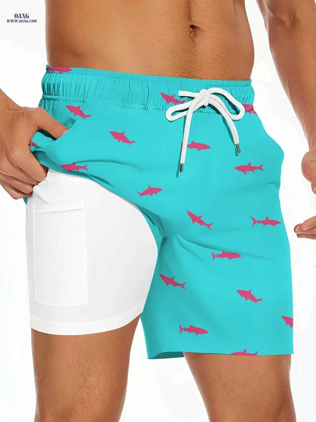Men's Shark Pattern Board Shorts - 2 in 1 with Pockets for Summer   OAXG Black / S