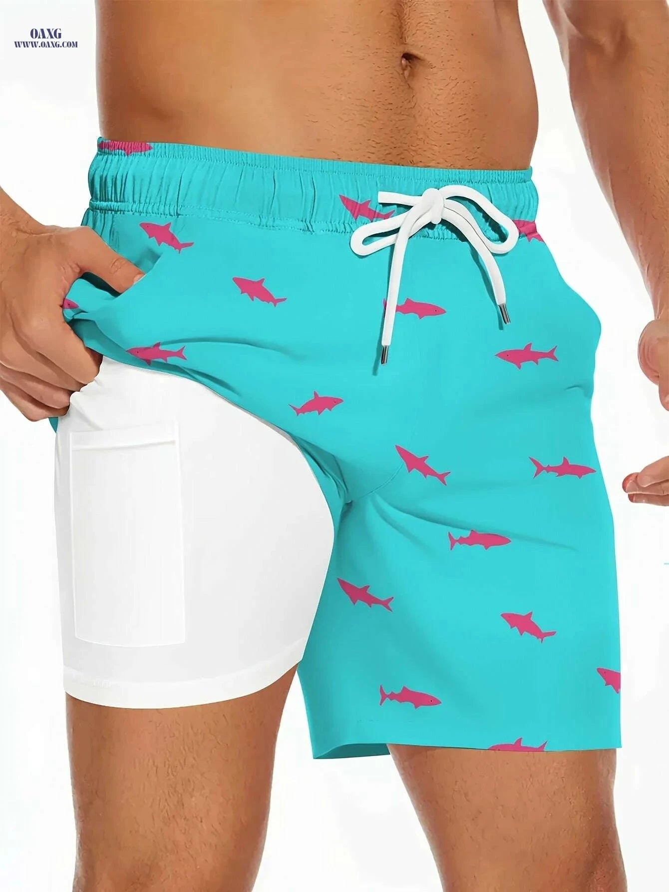 Men's Shark Pattern Board Shorts - 2 in 1 with Pockets for Summer   OAXG Black / S