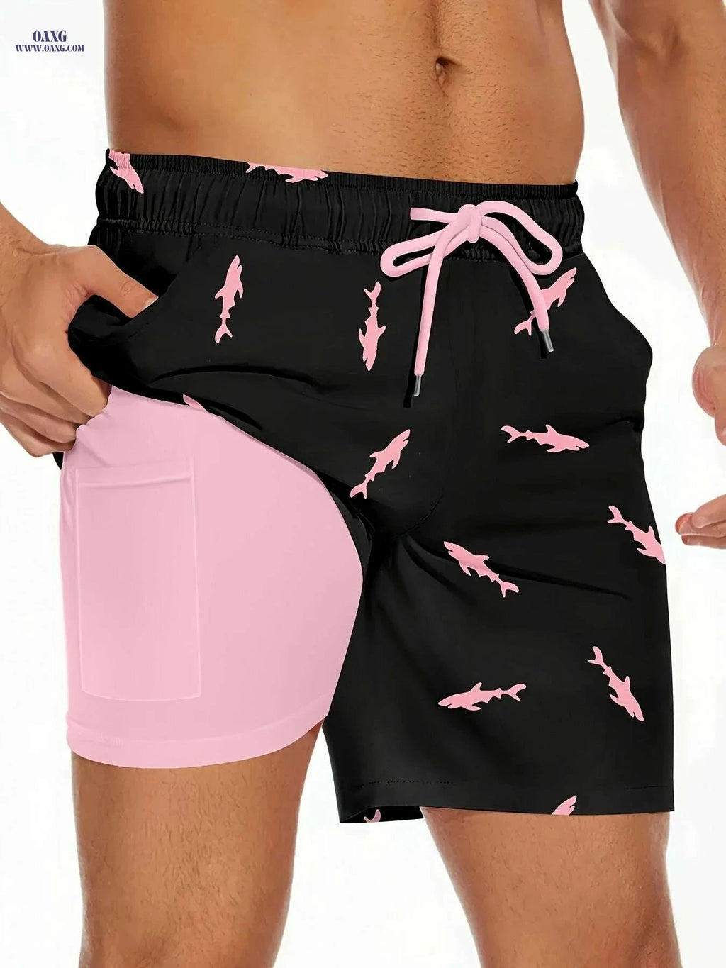 Men's Shark Pattern Board Shorts - 2 in 1 with Pockets for Summer   OAXG Black / S