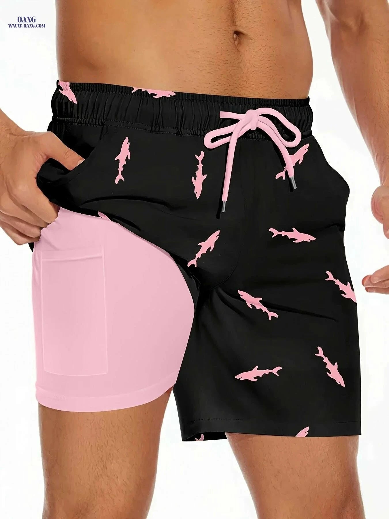 Men's Shark Pattern Board Shorts - 2 in 1 with Pockets for Summer   OAXG Black / S