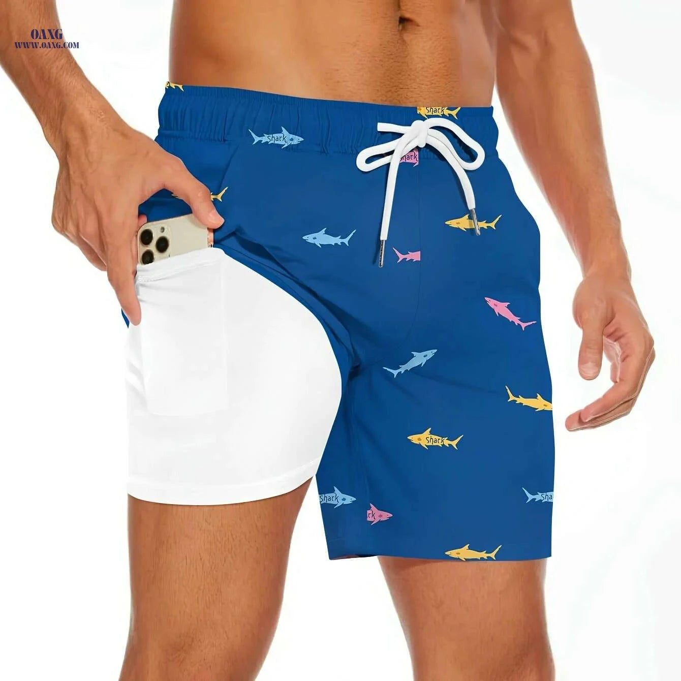 Men's Shark Pattern Board Shorts - 2 in 1 with Pockets for Summer   OAXG 