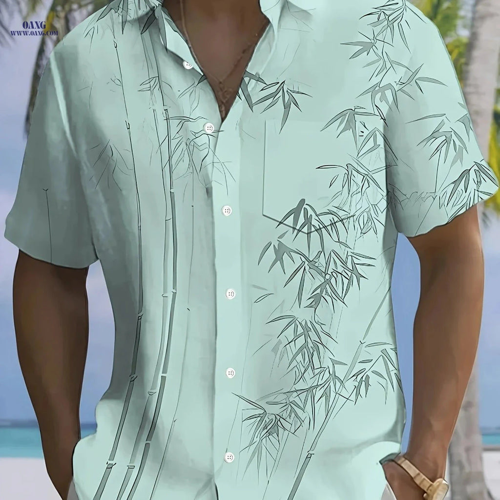 Men's Short-Sleeve Hawaiian Print Shirt with Buttoned Pocket   OAXG 