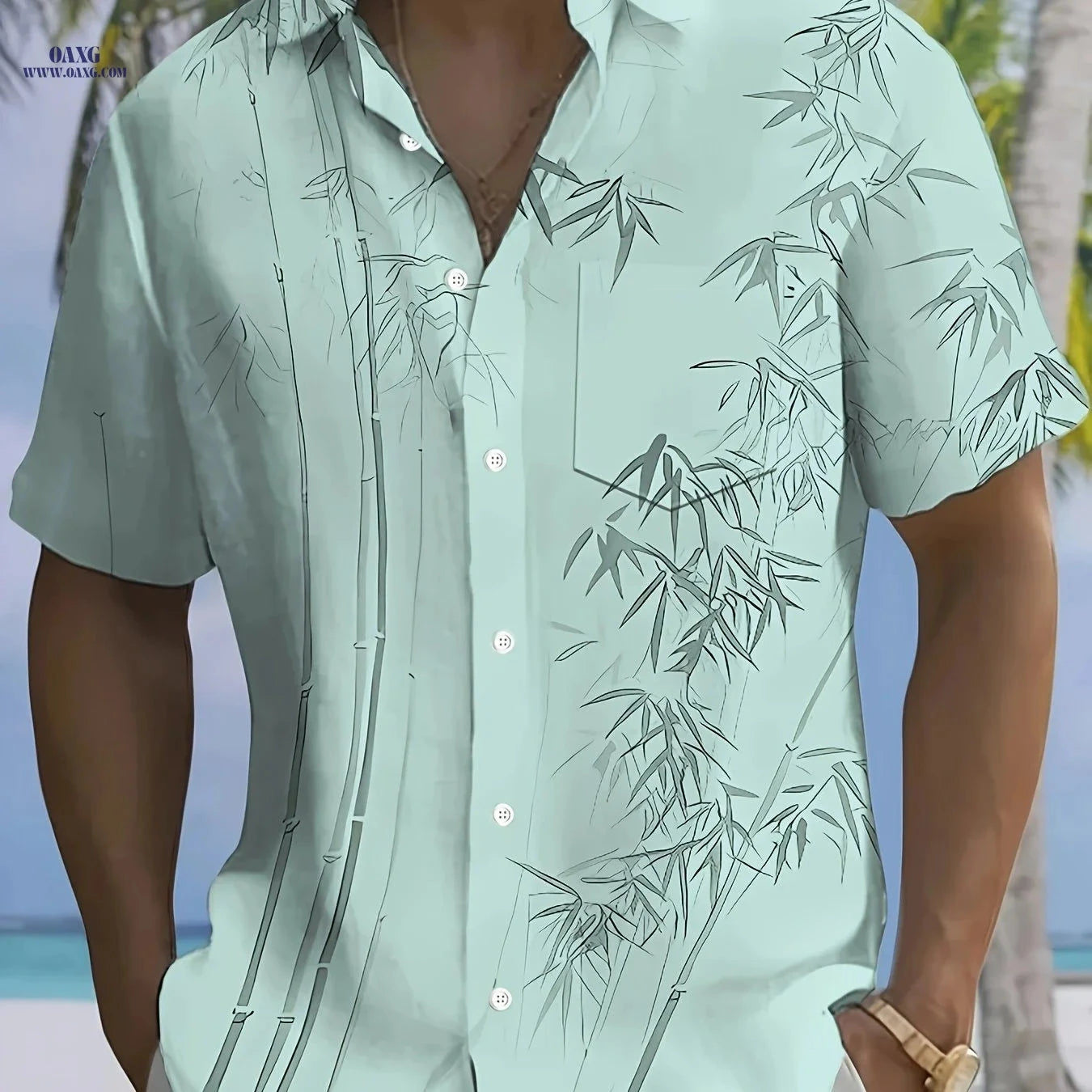 Men's Short-Sleeve Hawaiian Print Shirt with Buttoned Pocket   OAXG 