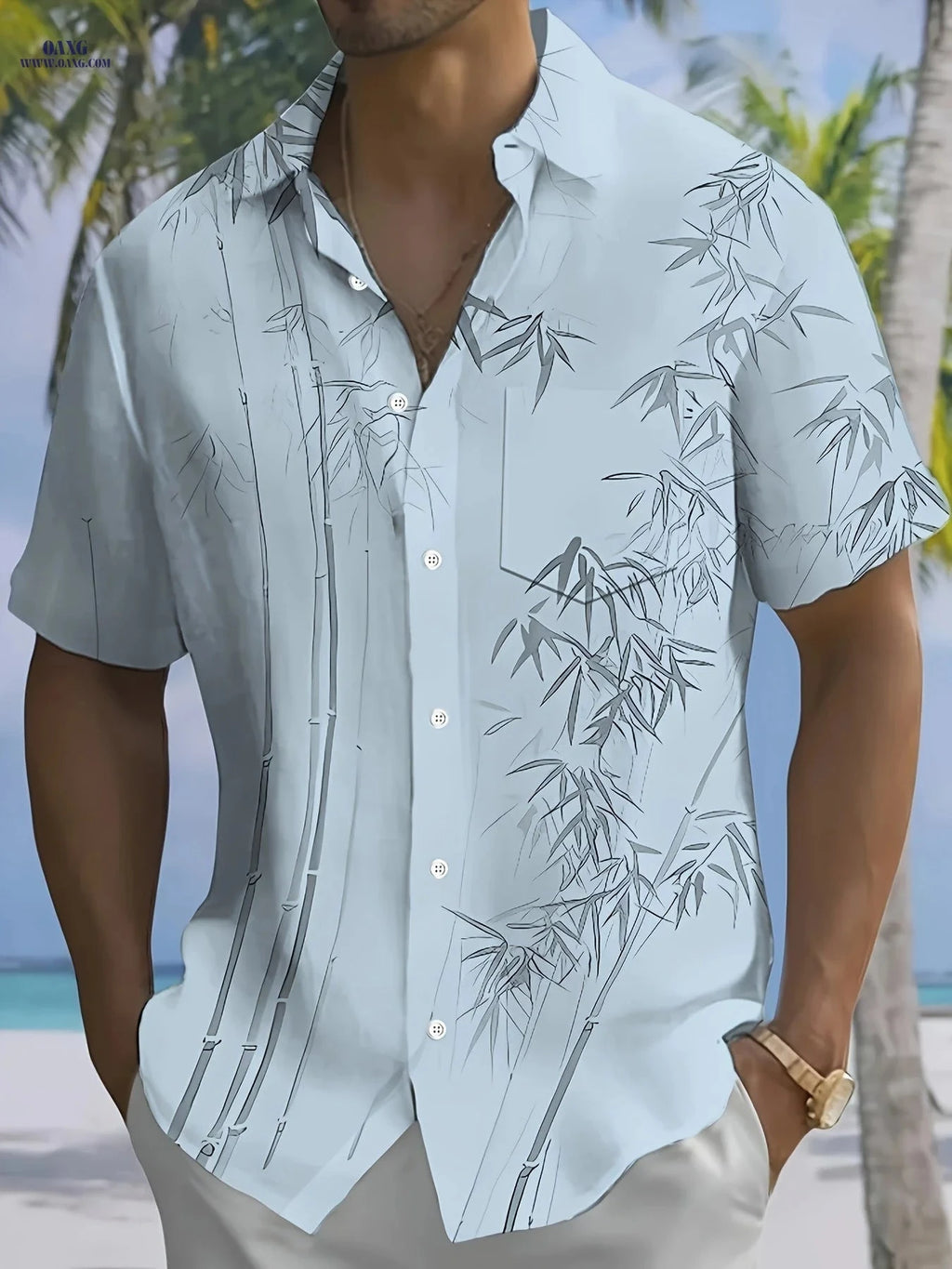 Men's Short-Sleeve Hawaiian Print Shirt with Buttoned Pocket   OAXG Light Green / FR M