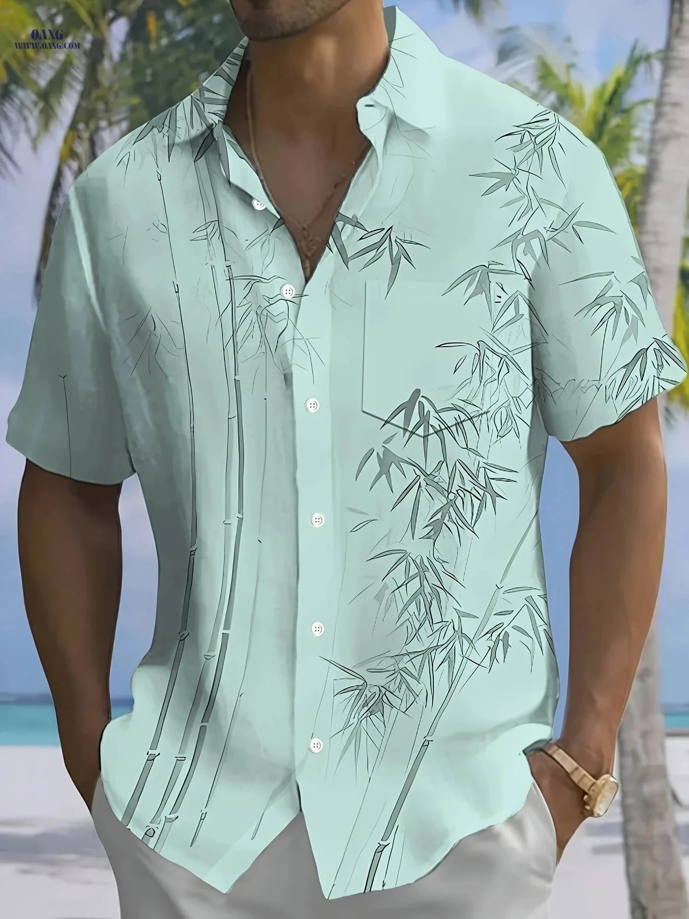 Men's Short-Sleeve Hawaiian Print Shirt with Buttoned Pocket   OAXG Light Green / FR M