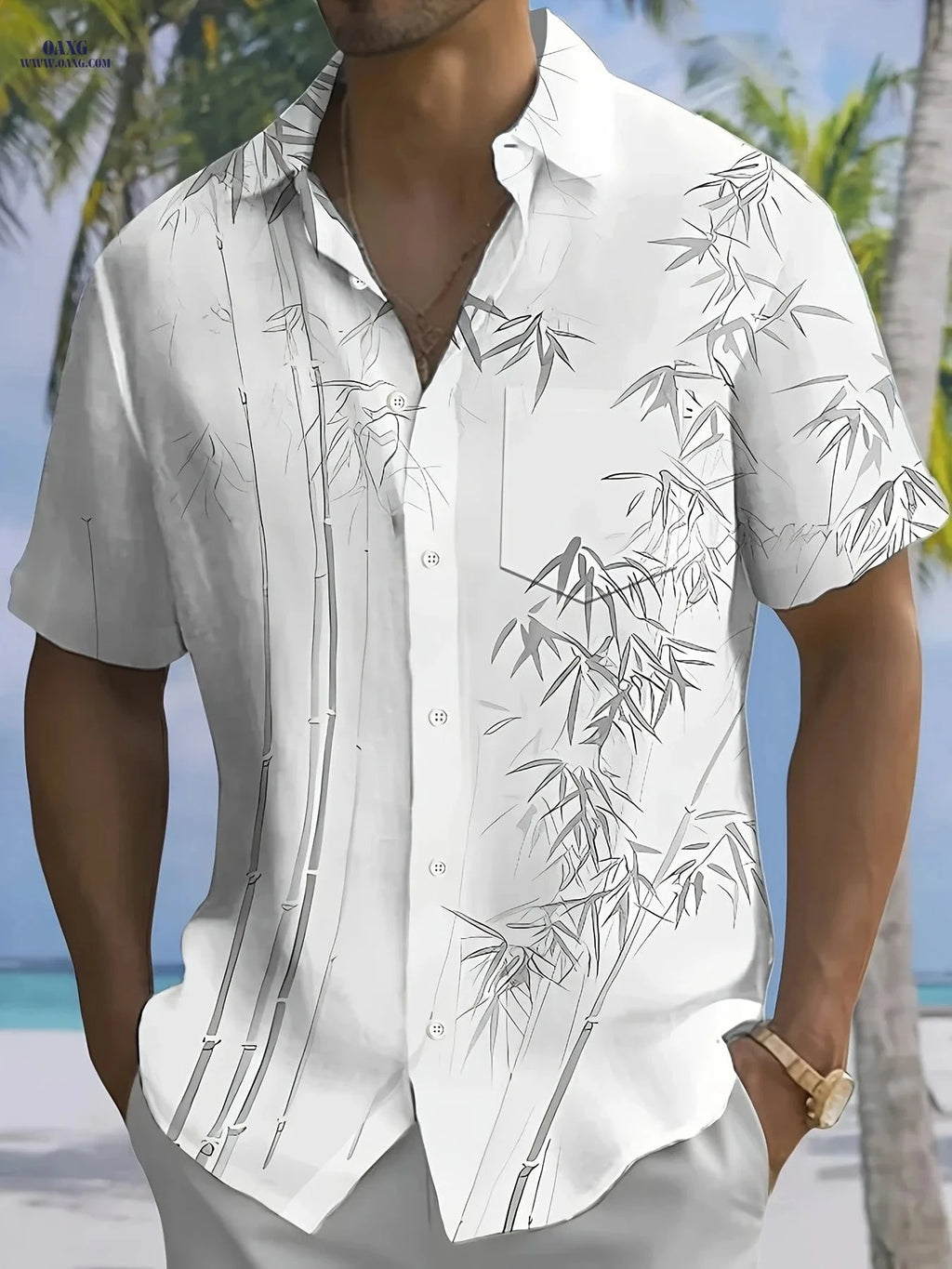 Men's Short-Sleeve Hawaiian Print Shirt with Buttoned Pocket   OAXG Light Green / FR M