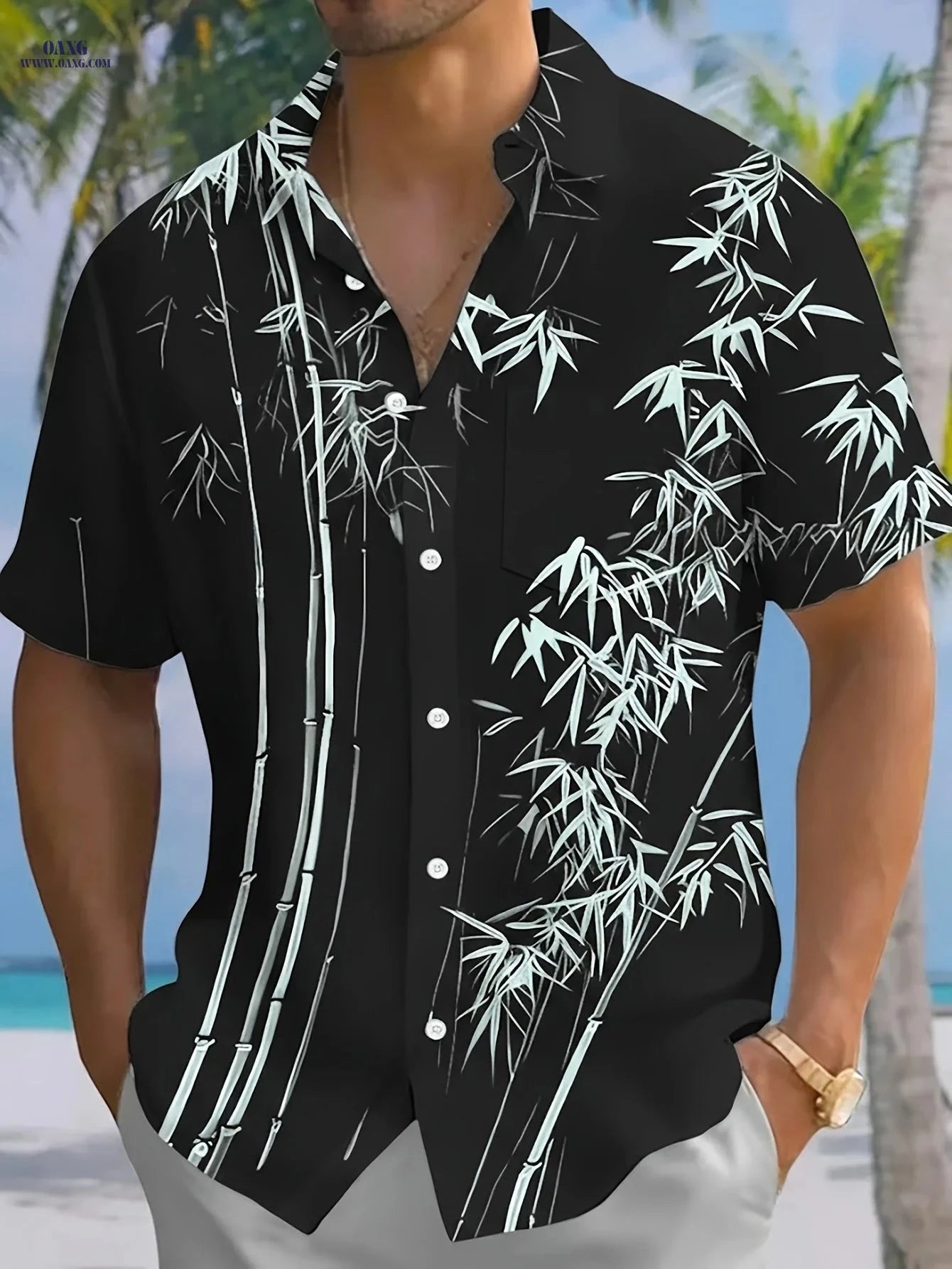 Men's Short-Sleeve Hawaiian Print Shirt with Buttoned Pocket   OAXG Light Green / FR M