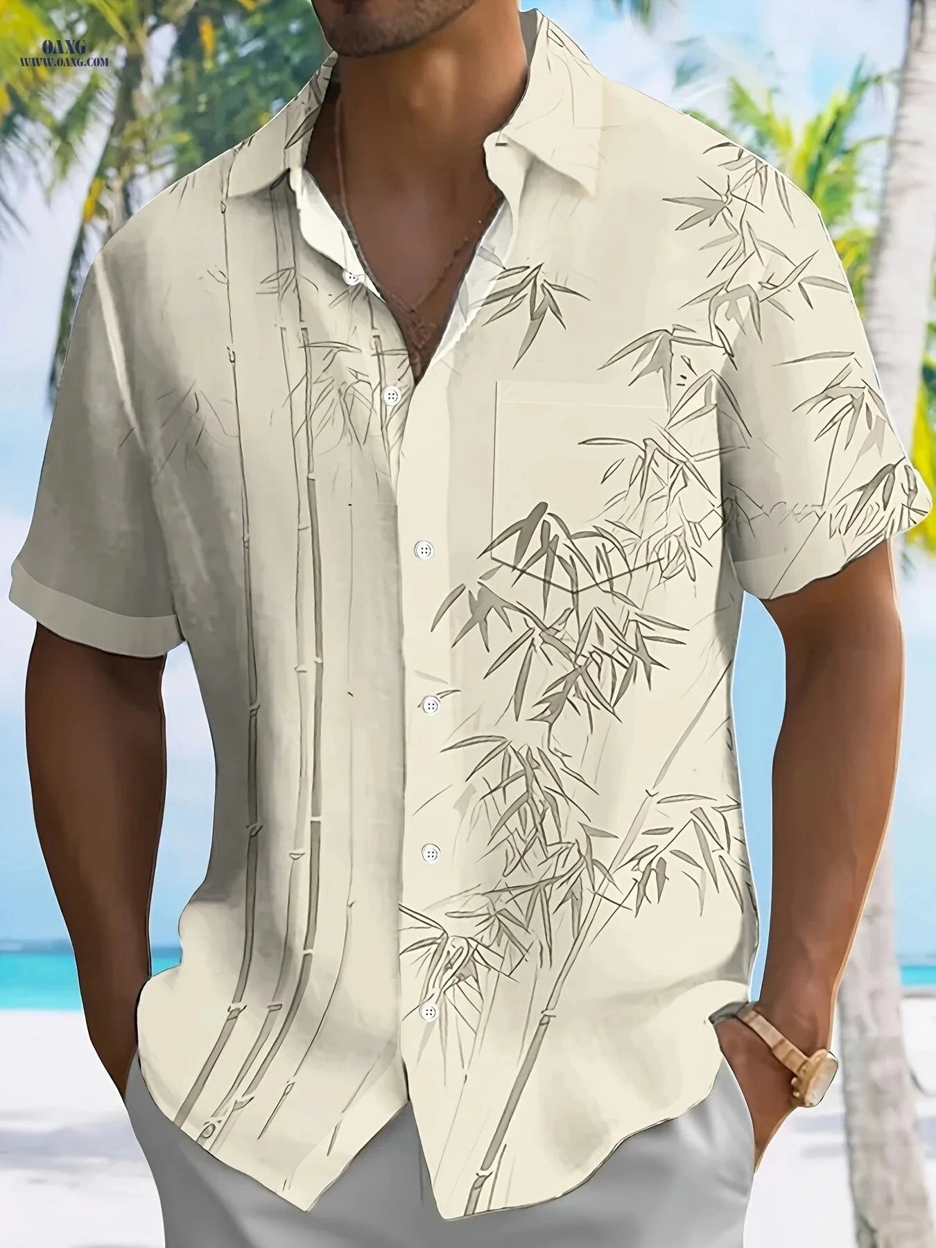 Men's Short-Sleeve Hawaiian Print Shirt with Buttoned Pocket   OAXG Light Green / FR M