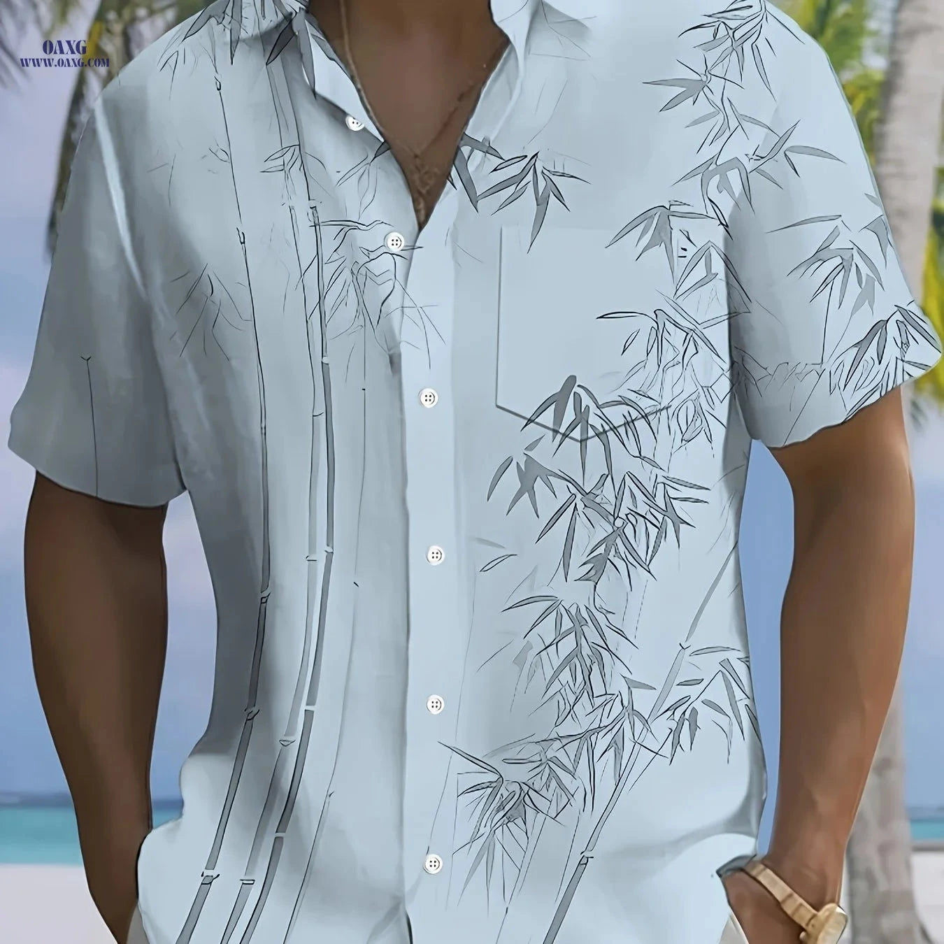 Men's Short-Sleeve Hawaiian Print Shirt with Buttoned Pocket   OAXG 
