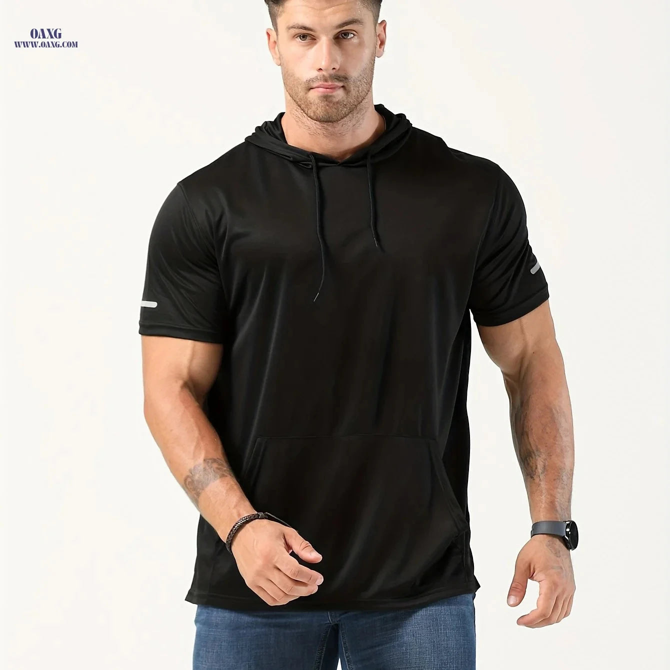 Men's Short Sleeve Hoodie - Comfortable Polyester Sportswear for All Seasons   OAXG 