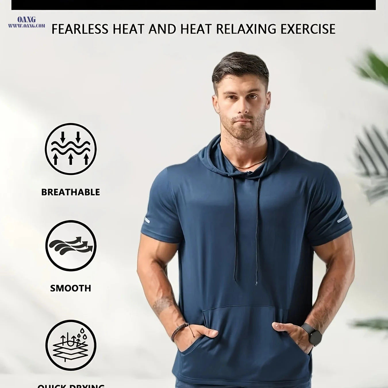 Men's Short Sleeve Hoodie - Comfortable Polyester Sportswear for All Seasons   OAXG 