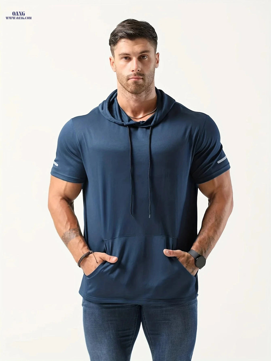 Men's Short Sleeve Hoodie - Comfortable Polyester Sportswear for All Seasons   OAXG 