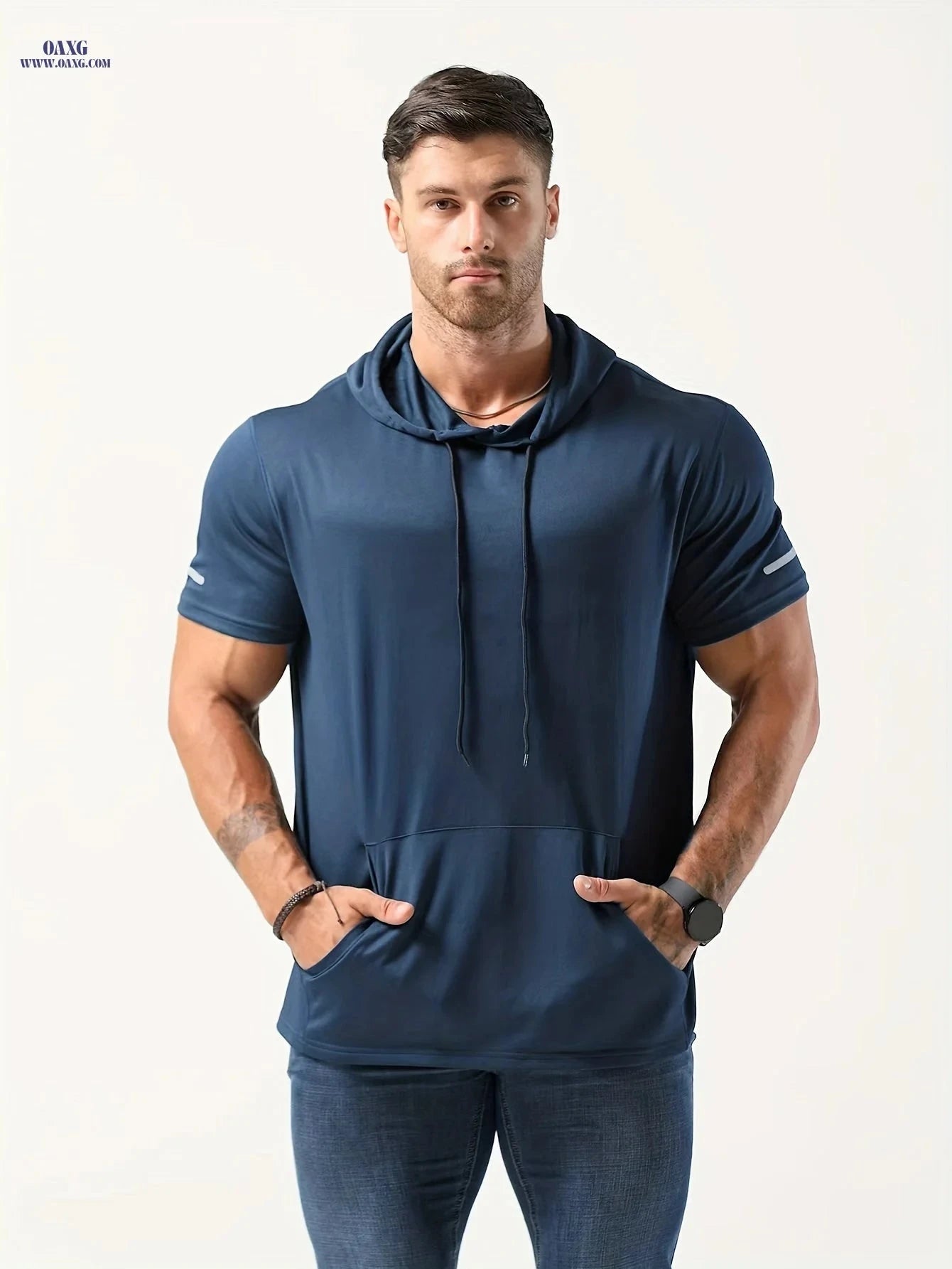 Men's Short Sleeve Hoodie - Comfortable Polyester Sportswear for All Seasons   OAXG 