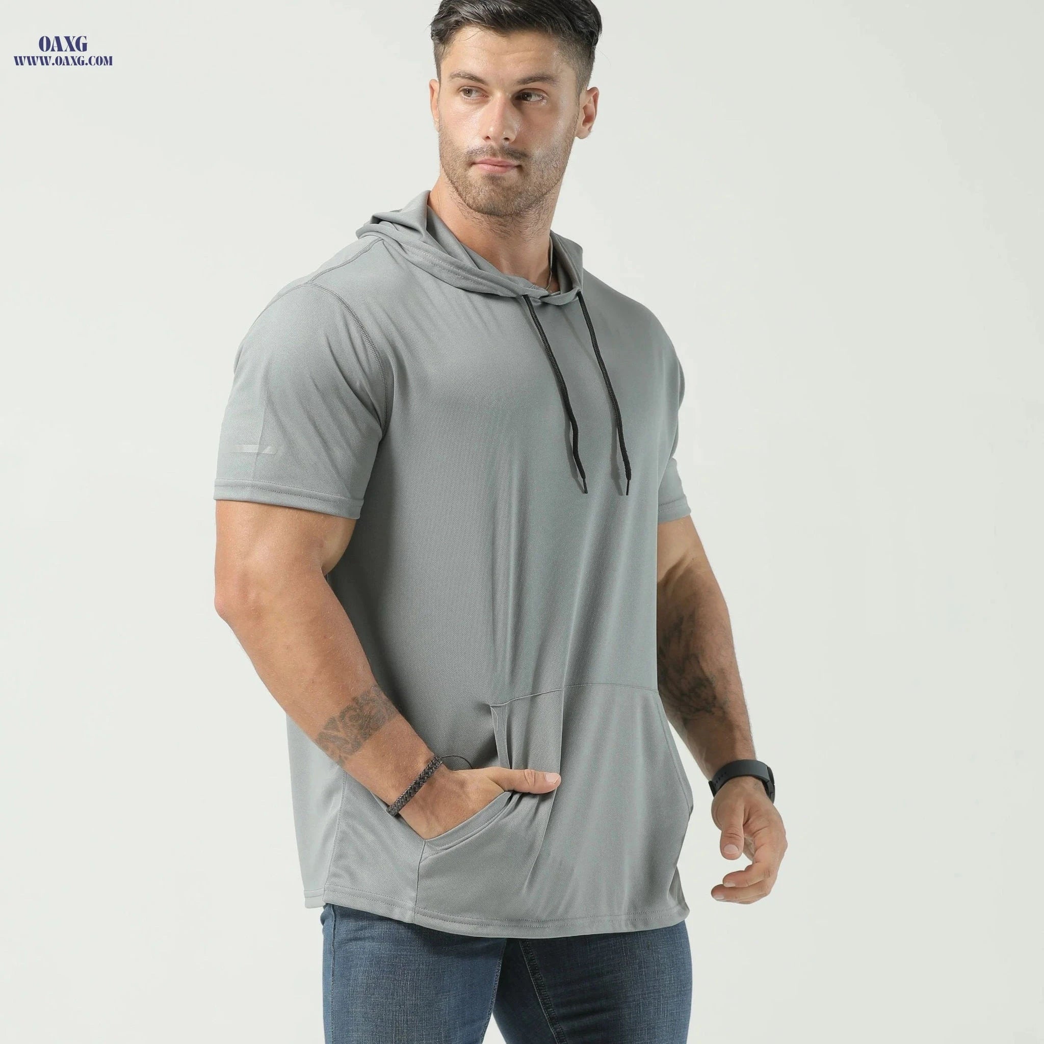 Men's Short Sleeve Hoodie - Comfortable Polyester Sportswear for All Seasons   OAXG Olive / FR S