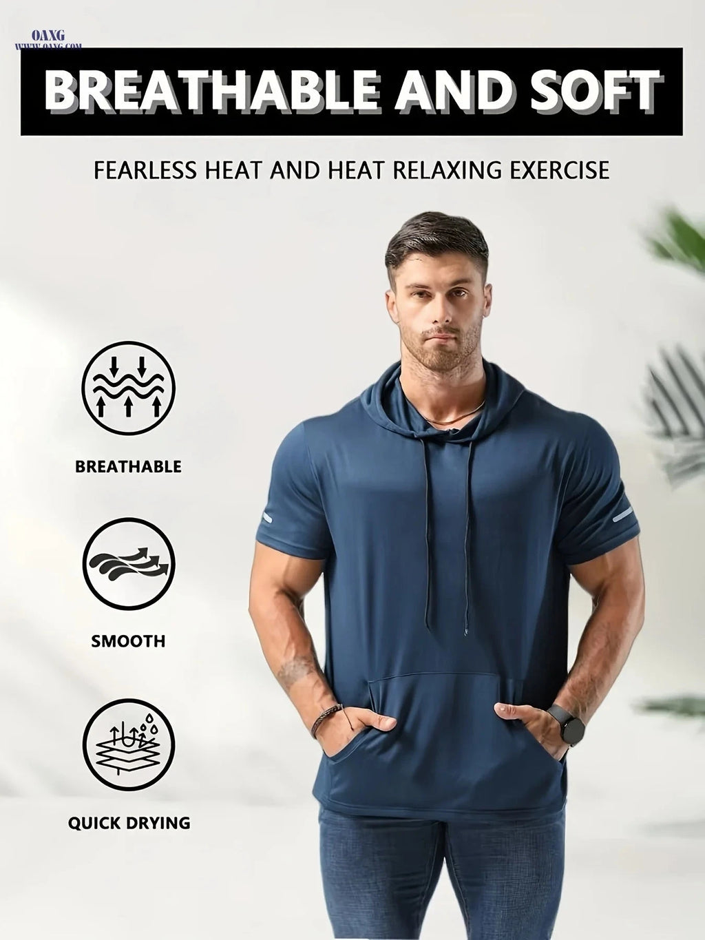 Men's Short Sleeve Hoodie - Comfortable Polyester Sportswear for All Seasons   OAXG 