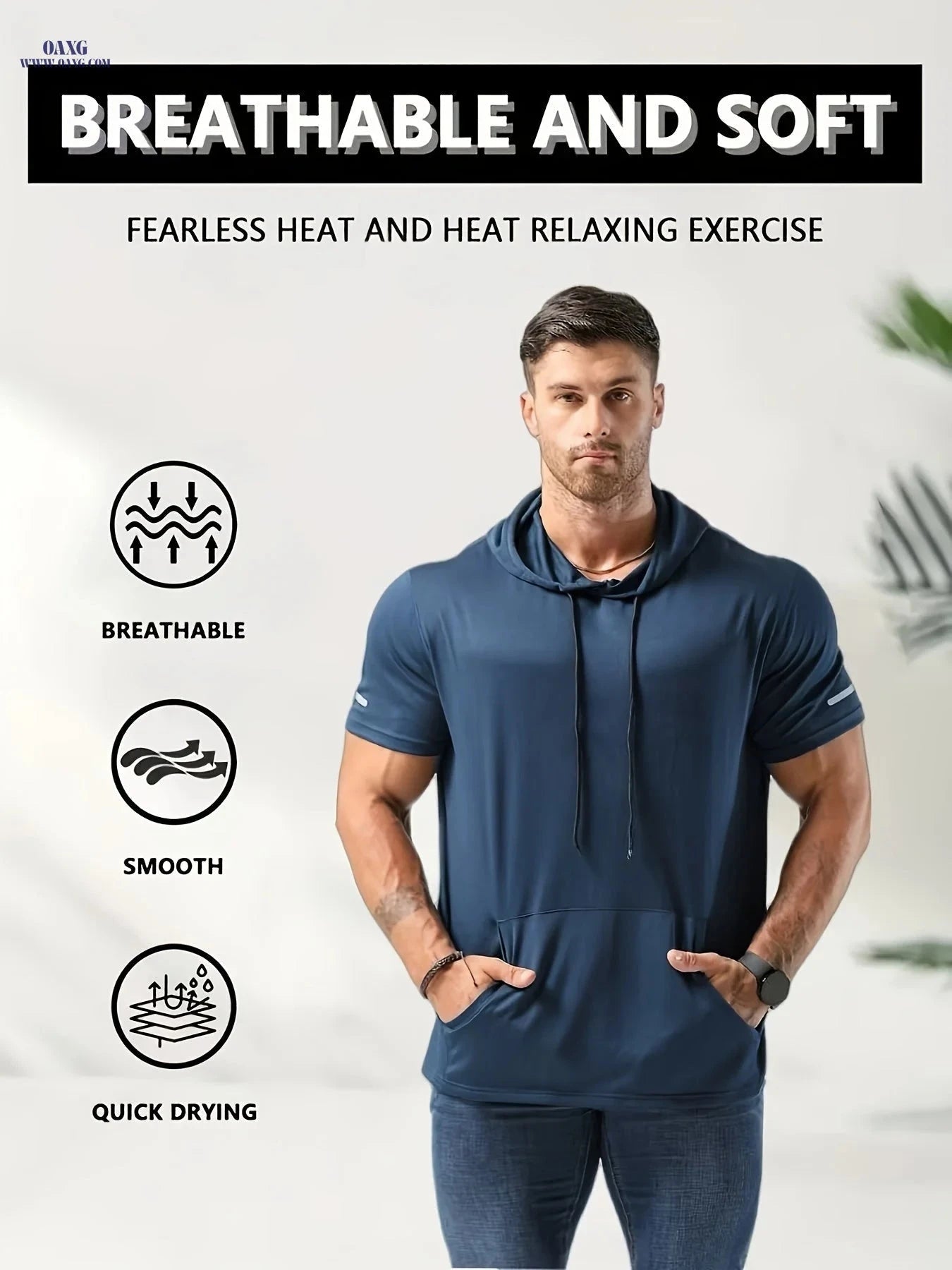 Men's Short Sleeve Hoodie - Comfortable Polyester Sportswear for All Seasons   OAXG 