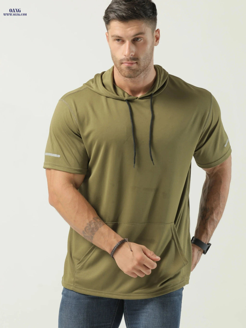 Men's Short Sleeve Hoodie - Comfortable Polyester Sportswear for All Seasons   OAXG 