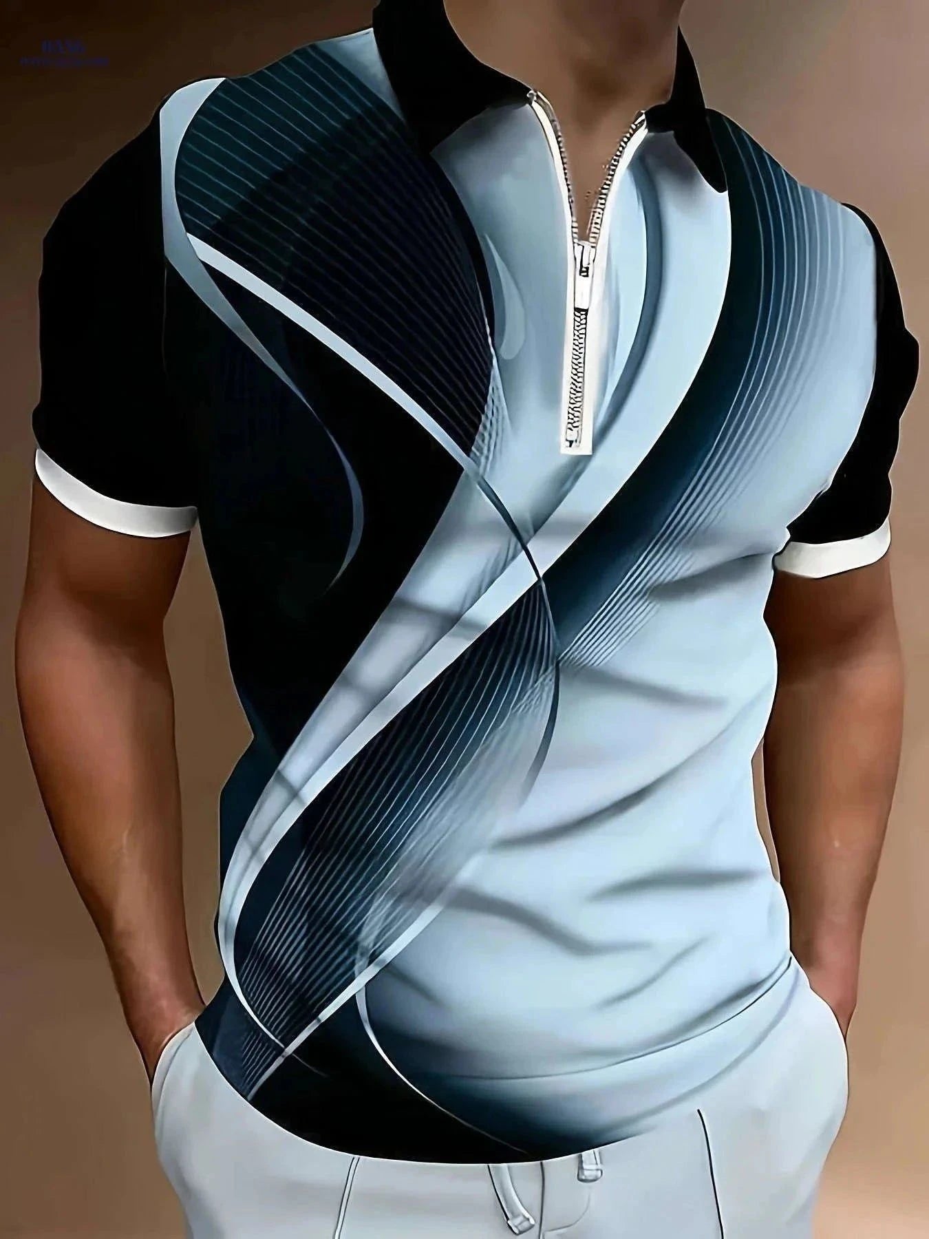 Men's Short-Sleeve Polo Shirt - Geometric Pattern, Casual Summer Wear   OAXG Azure / FR M