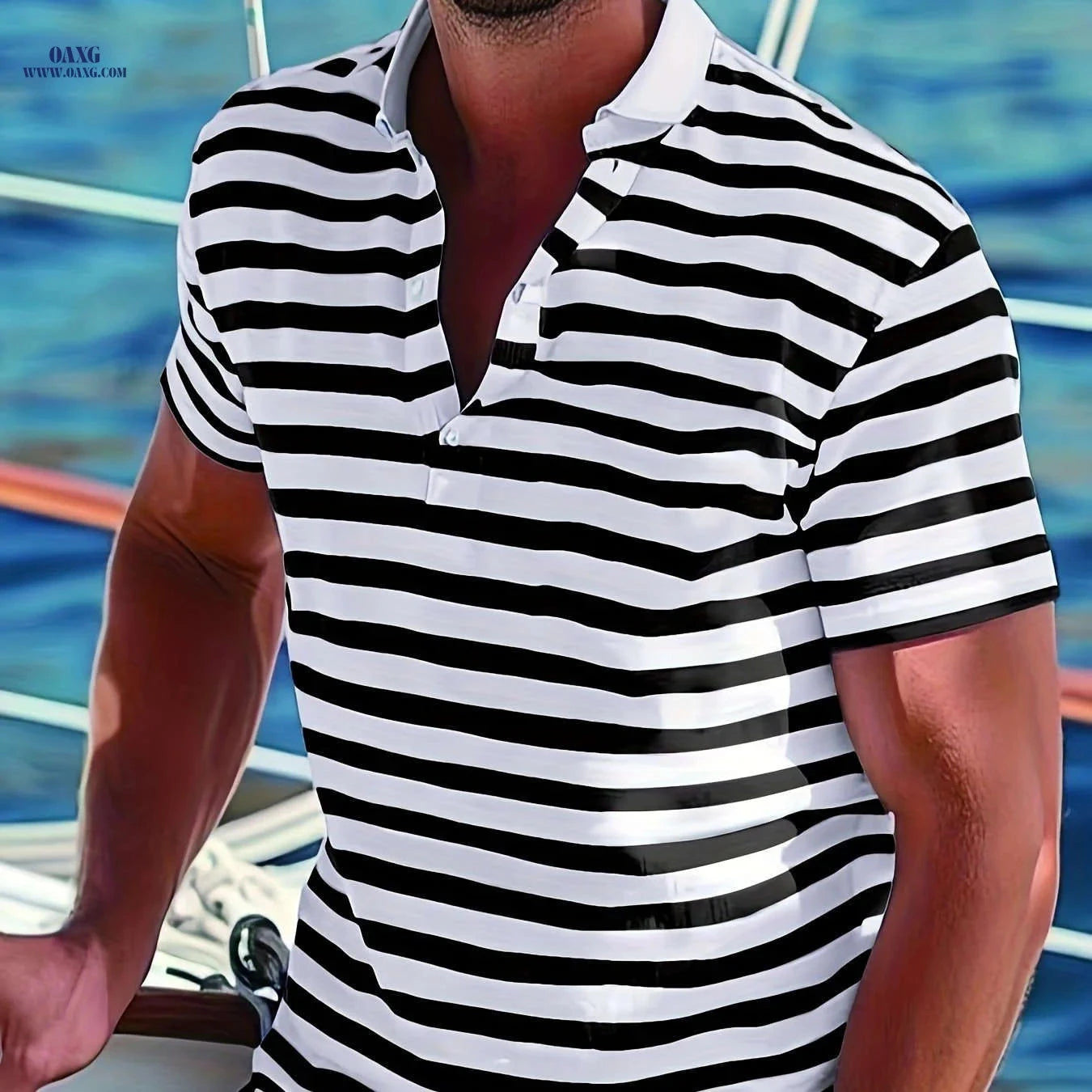 Men's Short-Sleeve Polo Shirt - Print Stripes for Casual Summer Style   OAXG 