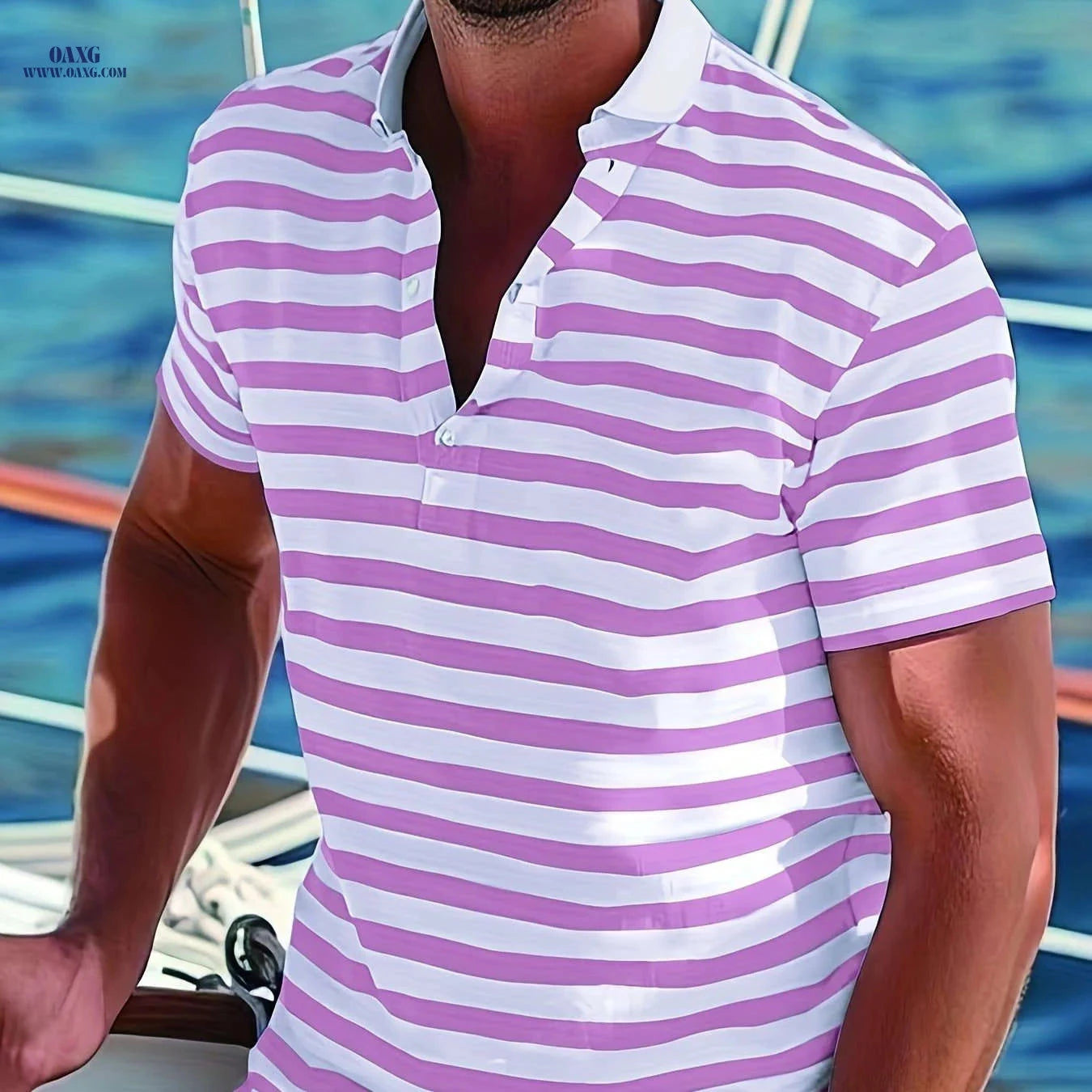 Men's Short-Sleeve Polo Shirt - Print Stripes for Casual Summer Style   OAXG 