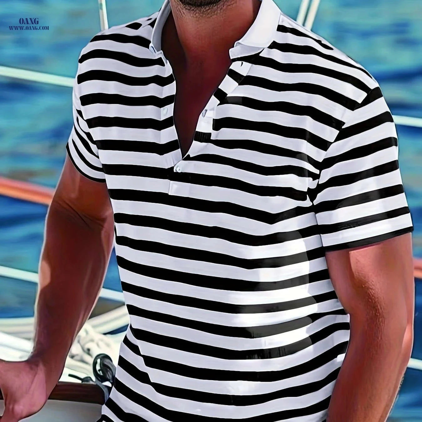 Men's Short-Sleeve Polo Shirt - Print Stripes for Casual Summer Style   OAXG 