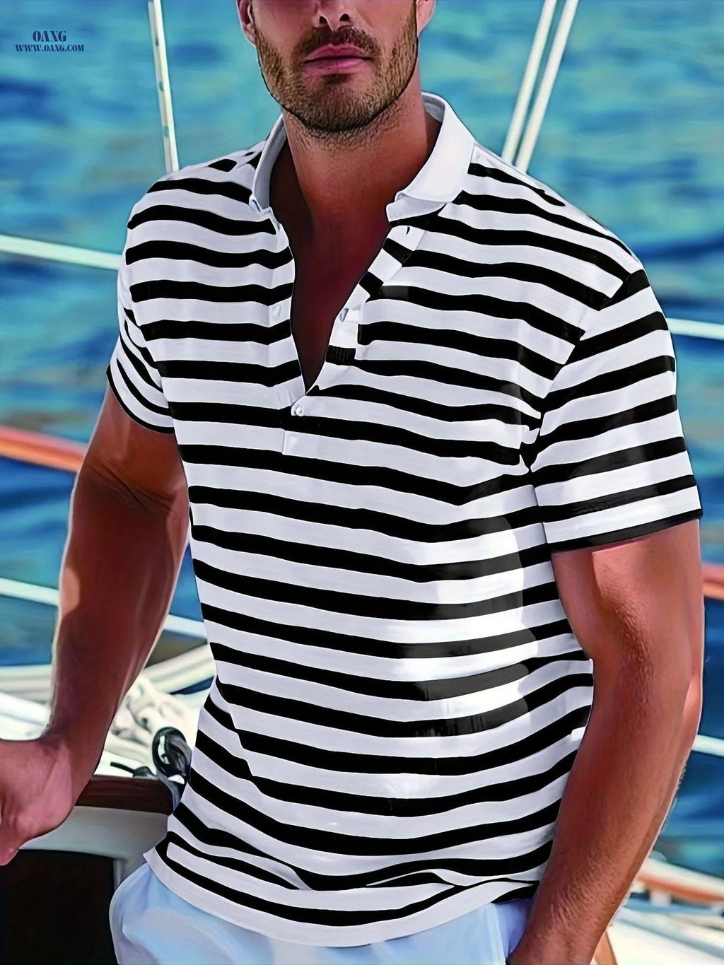 Men's Short-Sleeve Polo Shirt - Print Stripes for Casual Summer Style   OAXG 