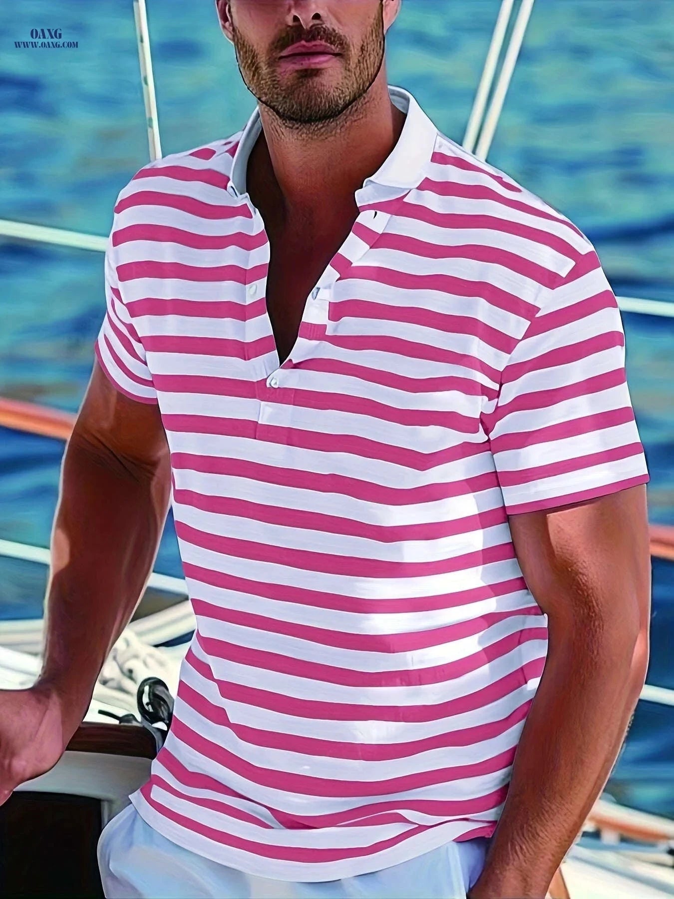Men's Short-Sleeve Polo Shirt - Print Stripes for Casual Summer Style   OAXG 