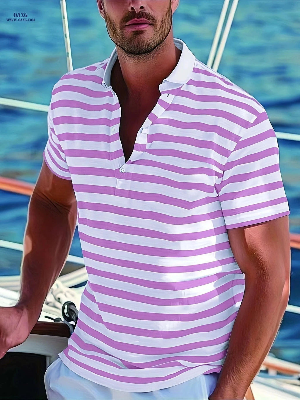 Men's Short-Sleeve Polo Shirt - Print Stripes for Casual Summer Style   OAXG 