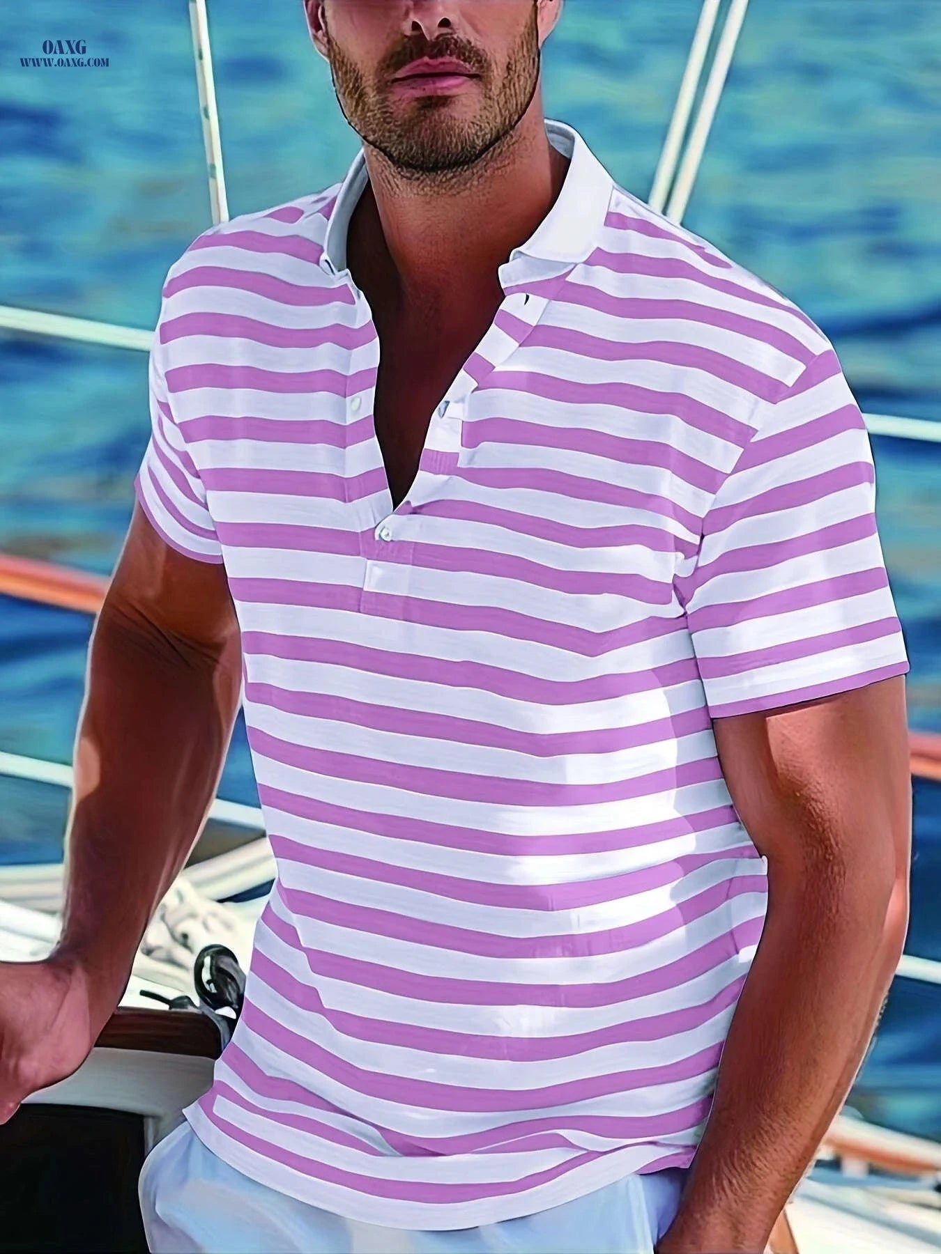 Men's Short-Sleeve Polo Shirt - Print Stripes for Casual Summer Style   OAXG 