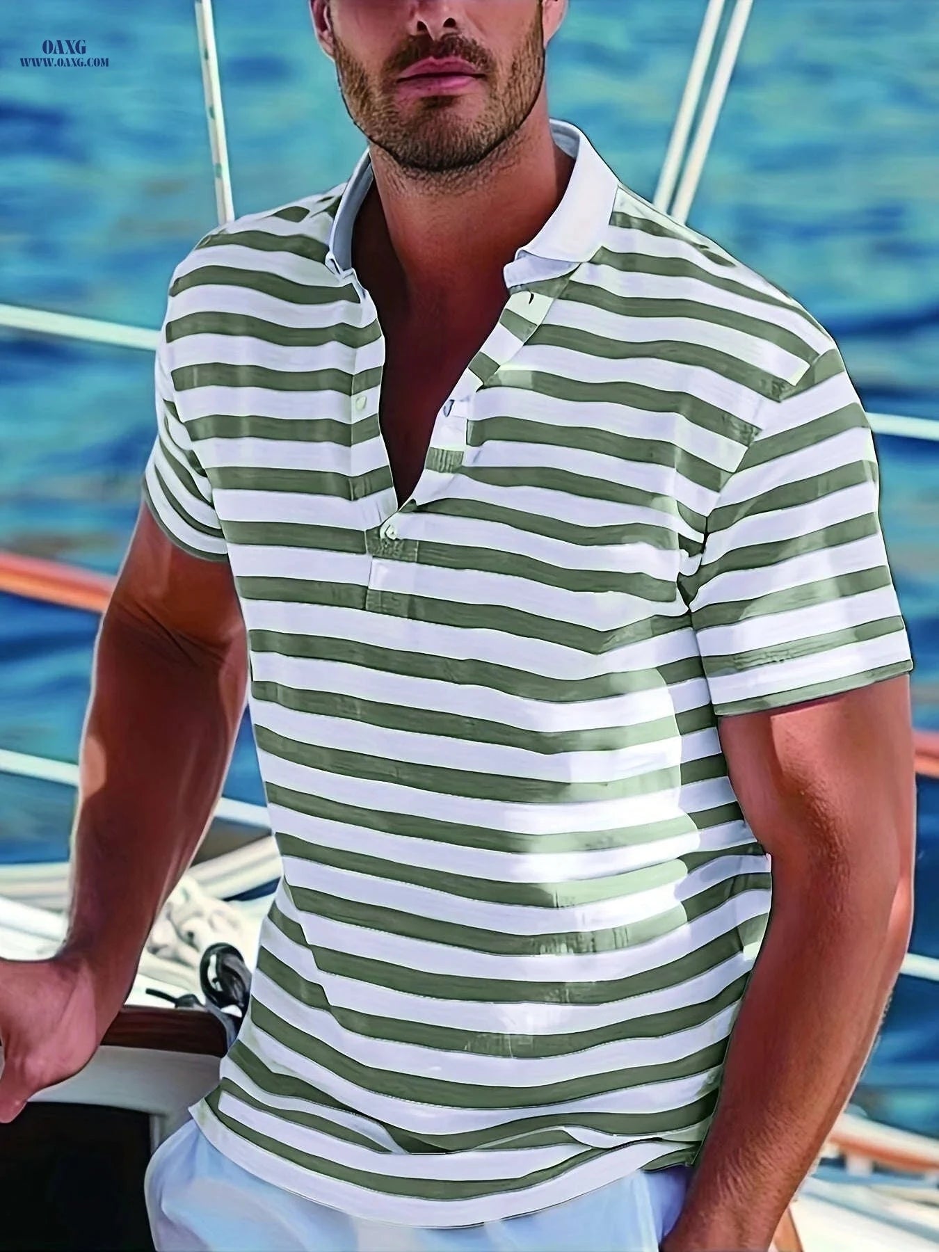 Men's Short-Sleeve Polo Shirt - Print Stripes for Casual Summer Style   OAXG 
