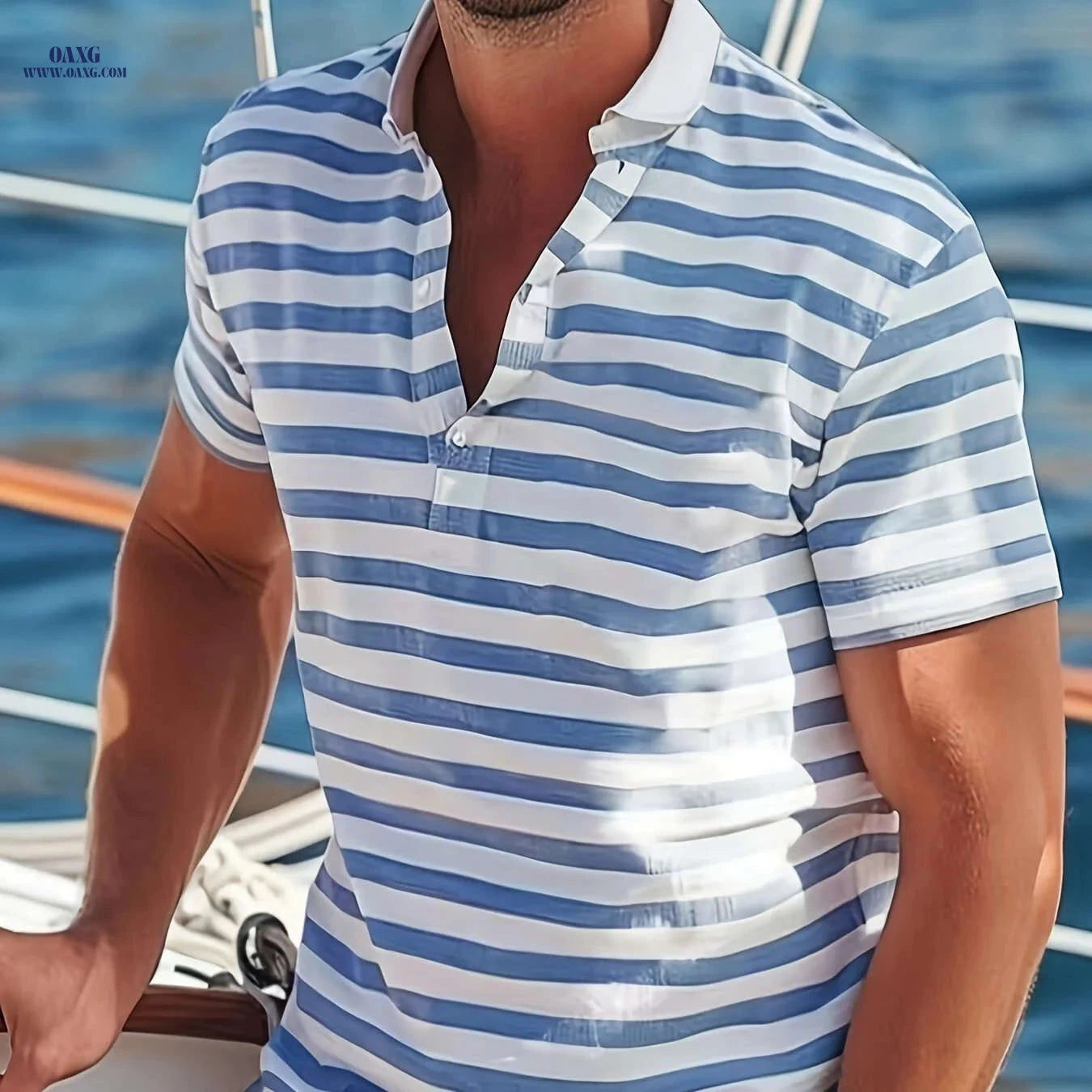 Men's Short-Sleeve Polo Shirt - Print Stripes for Casual Summer Style   OAXG 