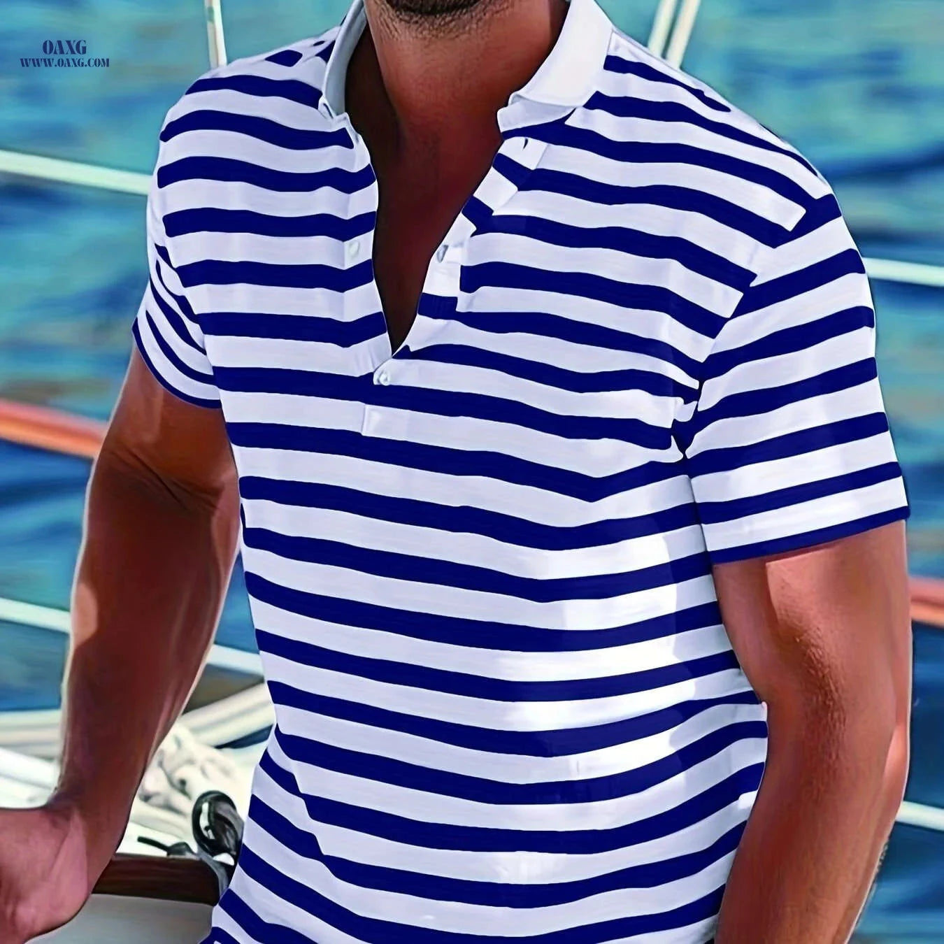 Men's Short-Sleeve Polo Shirt - Print Stripes for Casual Summer Style   OAXG Navy Blue / FR S